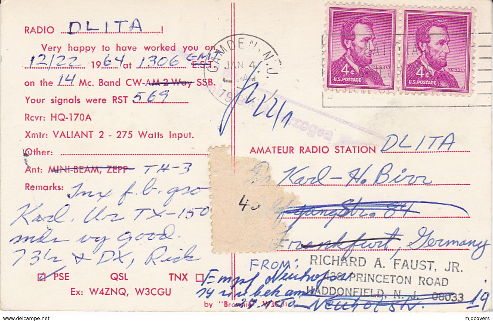 1964 QSL CARD WB2BYF Cherry Hill New Jersey USA To Germany, Stamps Cover  Radio Card Postcard - Radio Amatoriale