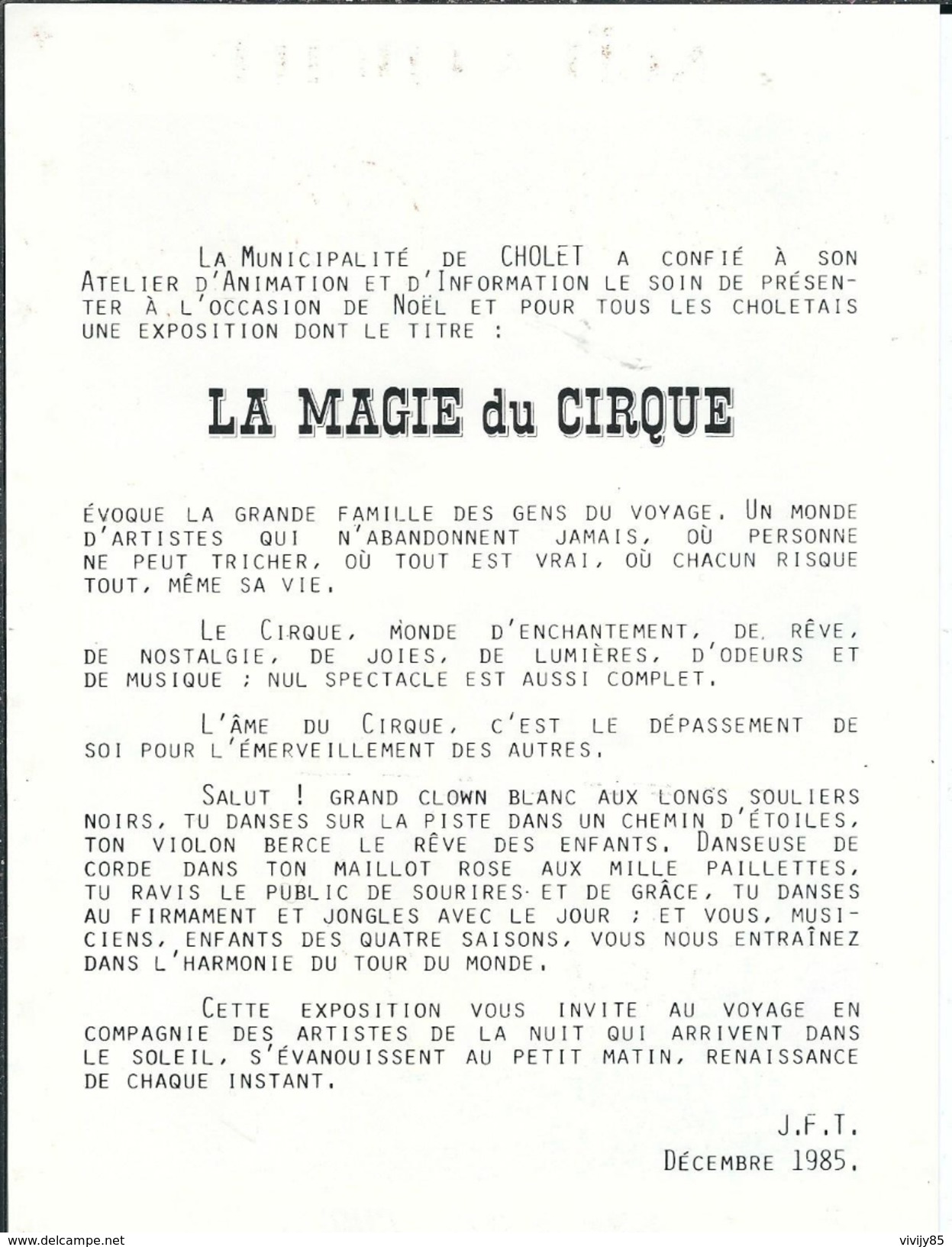 49 - CHOLET - T.Belle Affiche 14.8 Cm X 21 Cm " Magie Du Cirque " Noêl à Cholet - 9/12/85-05/01/86 - Altri & Non Classificati