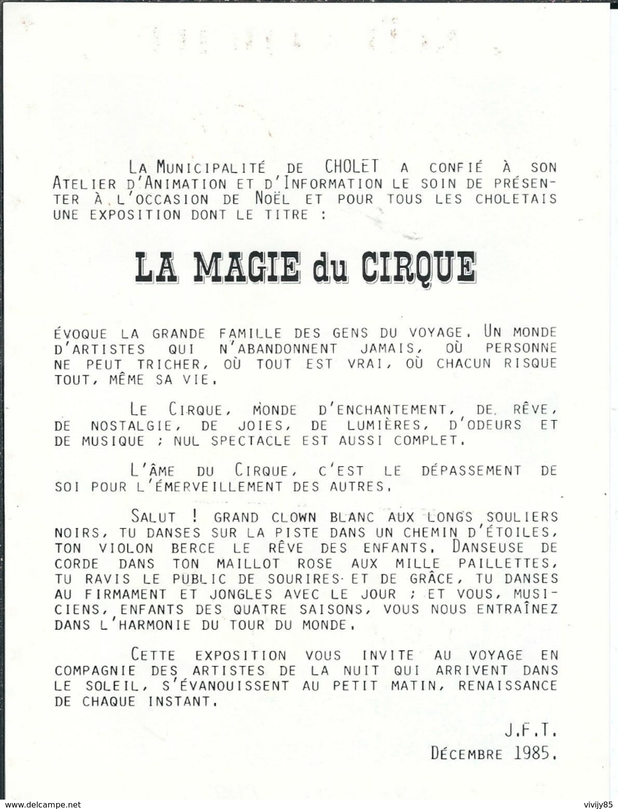 49 - CHOLET - T.Belle Affiche 14.8 Cm X 21 Cm " Magie Du Cirque " Noêl à Cholet - 9/12/85-05/01/86 - Autres & Non Classés