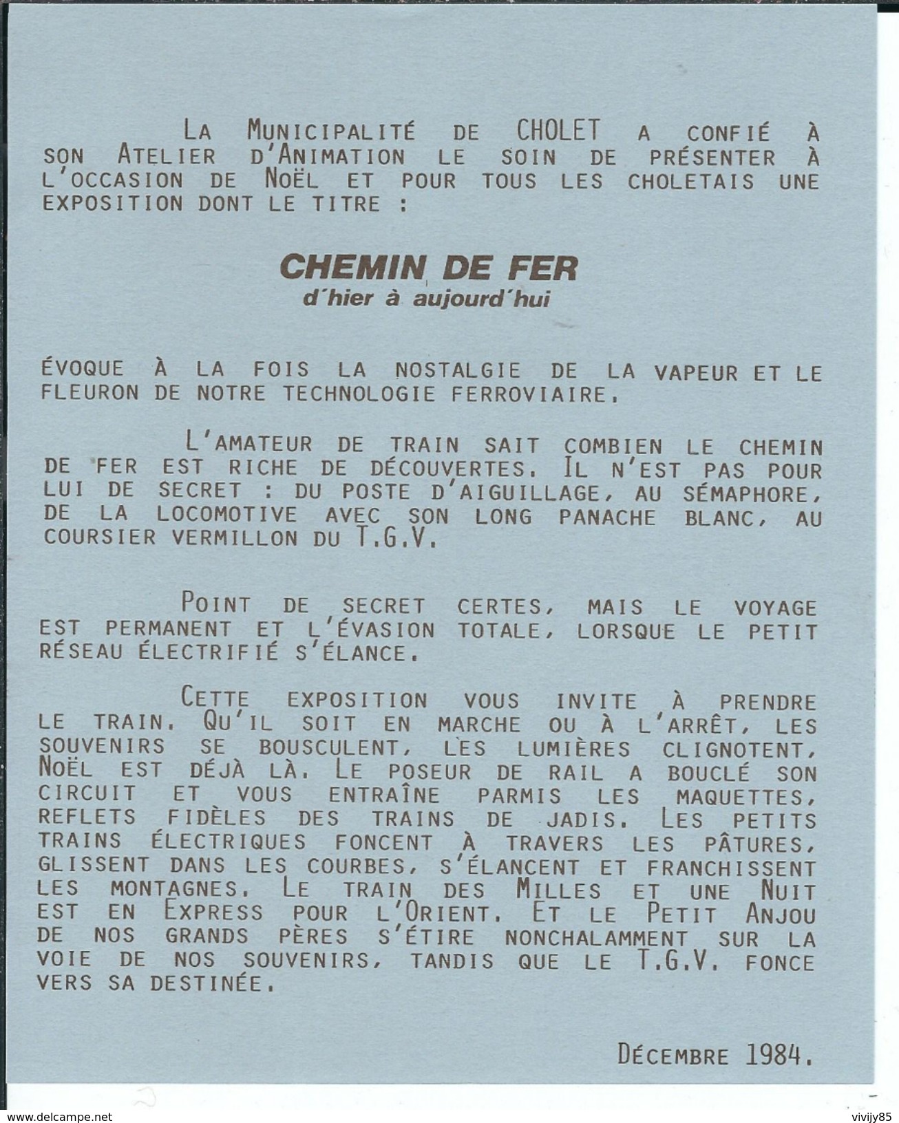 49 - CHOLET - Affiche " Le Chemin De Fer D'hier à Aujourd'hui " Noêl à Cholet - 1984 - Sonstige & Ohne Zuordnung