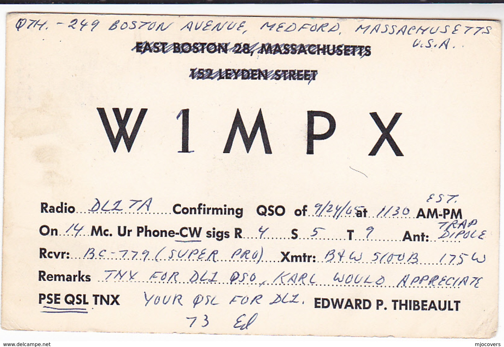 1965 QSL CARD W1MPX Medford Massachusetts USA To Germany,  Stamps Cover Radio Card - Radio Amateur