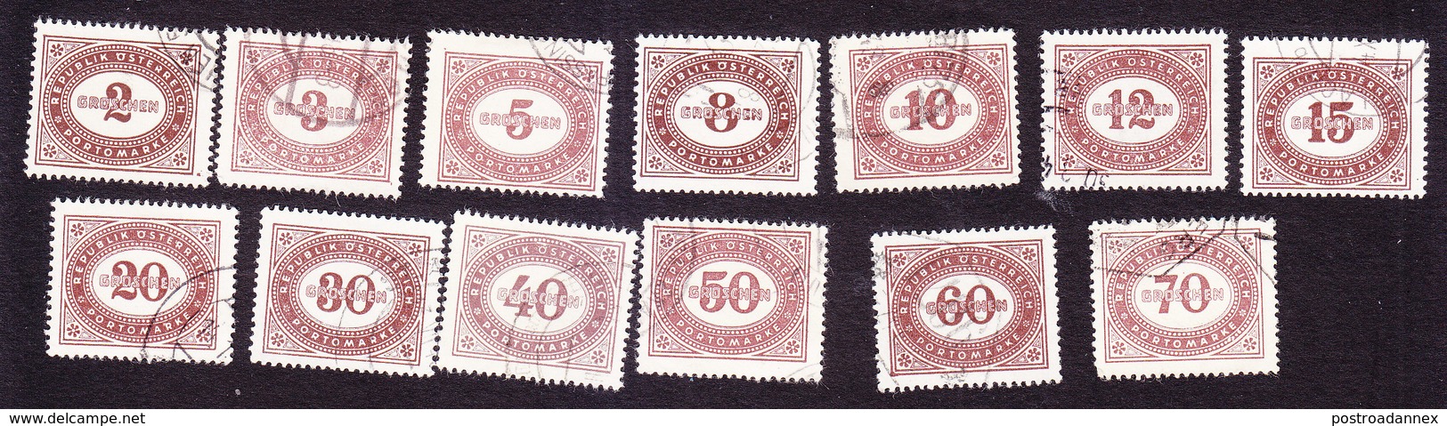 Austria, Scott #J205-J211, J215, J217, J219, J222-J224, Used, Postage Due, Issued 1947 - Postage Due