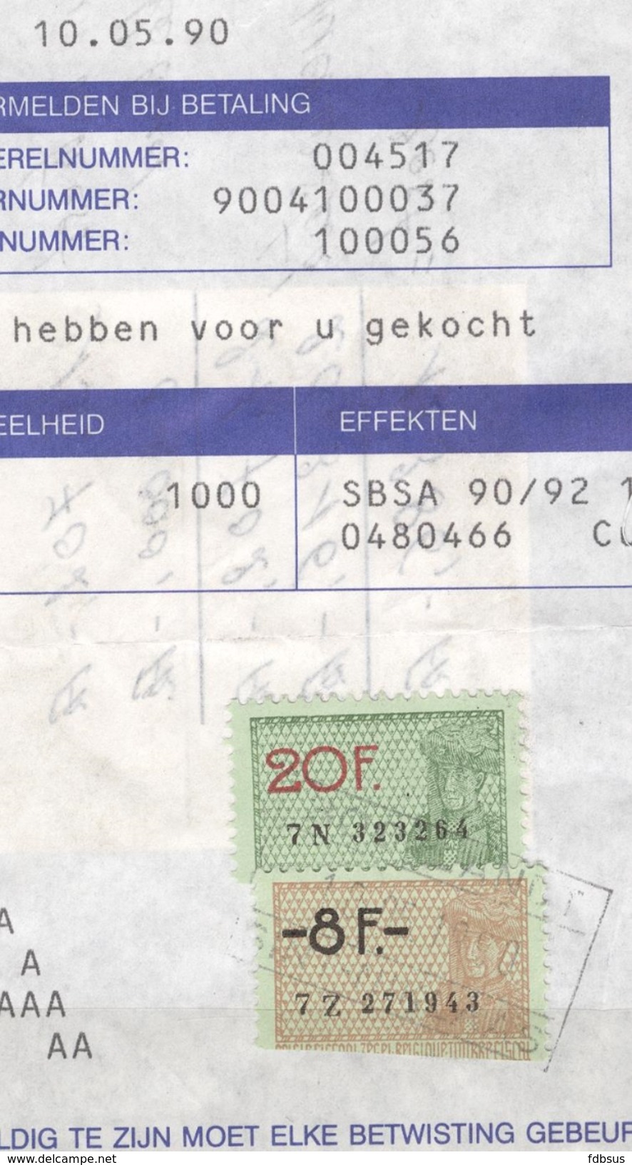 1990 Fragment Met 2 Halve Fiscale Zegels 20 + 8 Fr - - Documentos