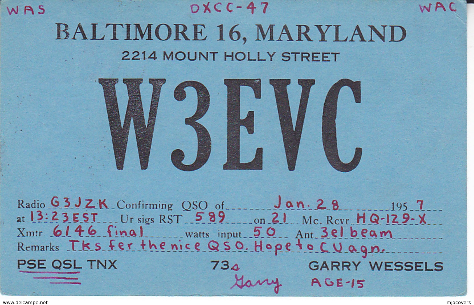 1957 QSL CARD W3EVC Baltimore USA To GB, Stamps Cover  Radio Card Postcard - Radio Amateur