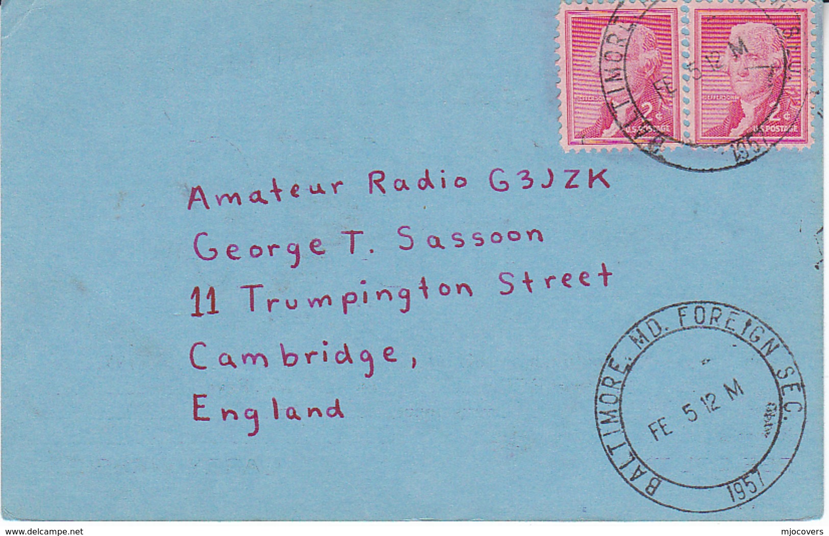 1957 QSL CARD W3EVC Baltimore USA To GB, Stamps Cover  Radio Card Postcard - Radio Amateur