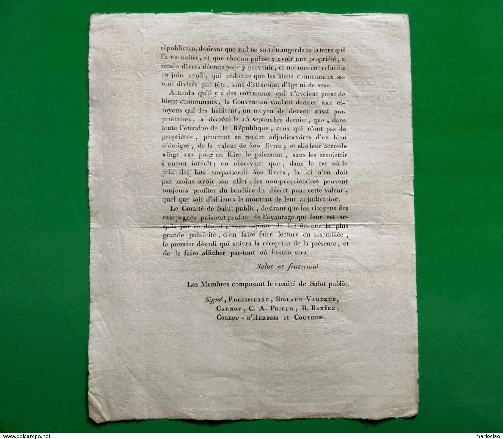 D-FR Révolution 1794 Comité De Salut Public Vente Biens D&rsquo;Emigrés Signé ROBESPIERRE Etc. - Documents Historiques