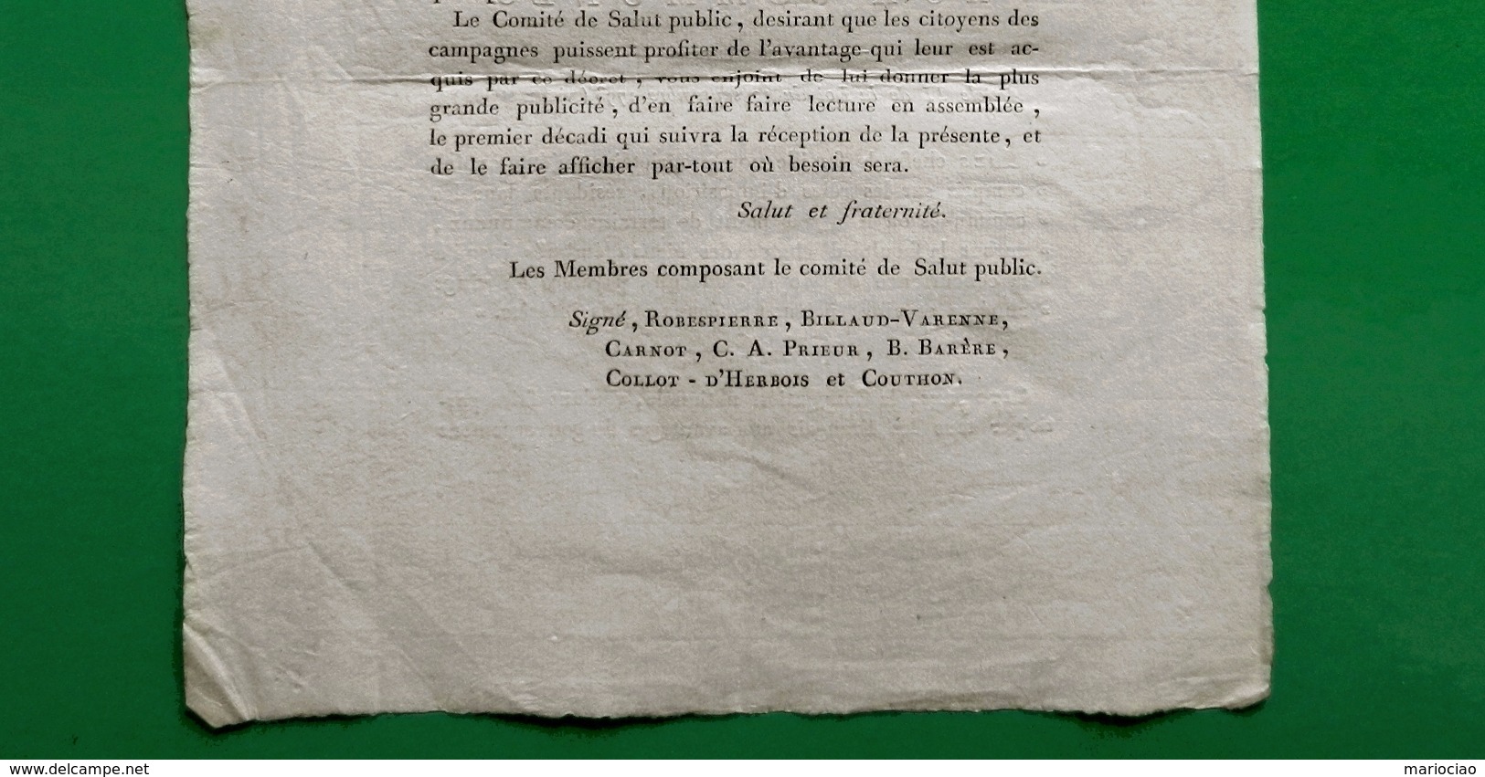 D-FR Révolution 1794 Comité de Salut Public Vente biens d&rsquo;Emigrés signé ROBESPIERRE etc.