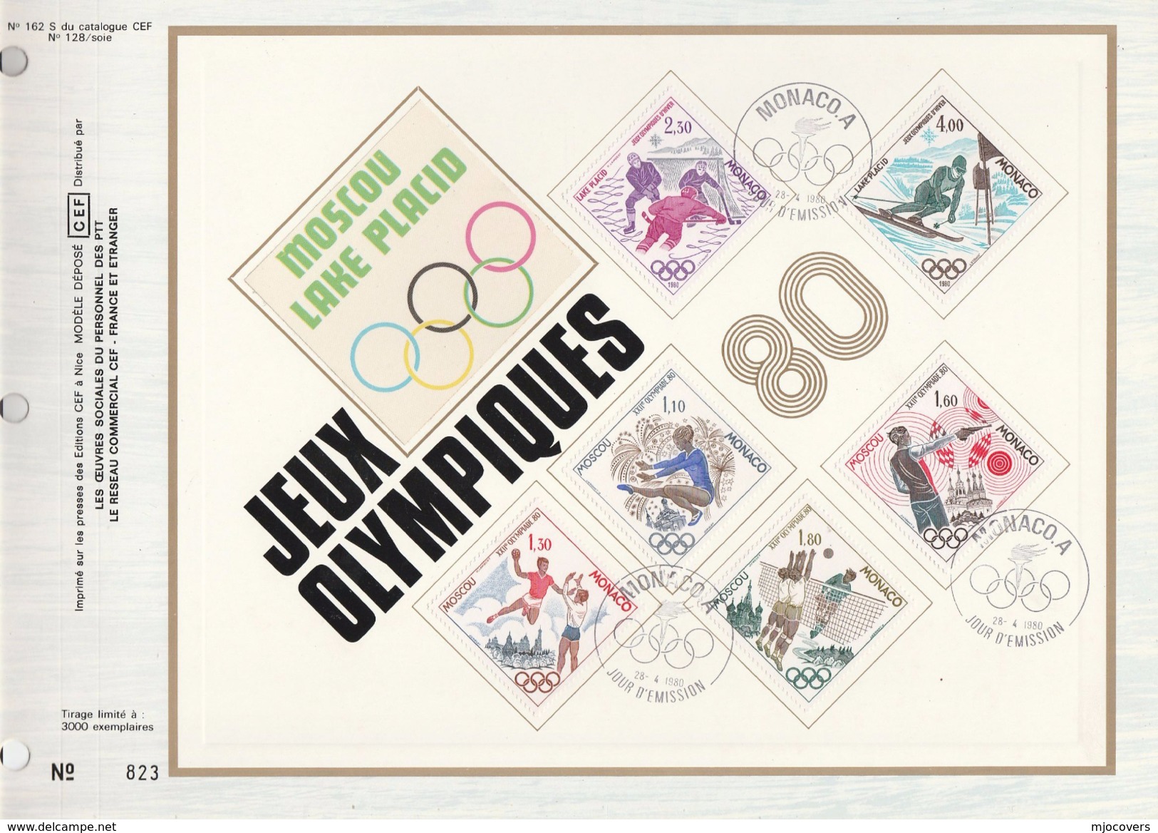 Ltd Edition CEF MONACO Stamps SILK FDC (card) OLYMPICS ICE HOCKEY  SKIING SHOOTING GYNMASTICS Olympic Games Sport Cover - Winter 1980: Lake Placid