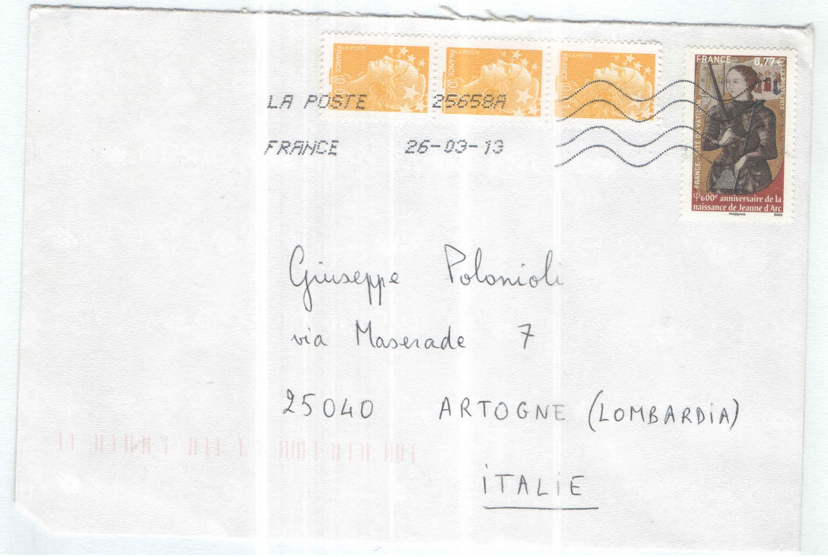 Francia Busta Viaggiata Francia Italia Anno 2013 Con Bolli  2012+PO. See Scan - 1961-....