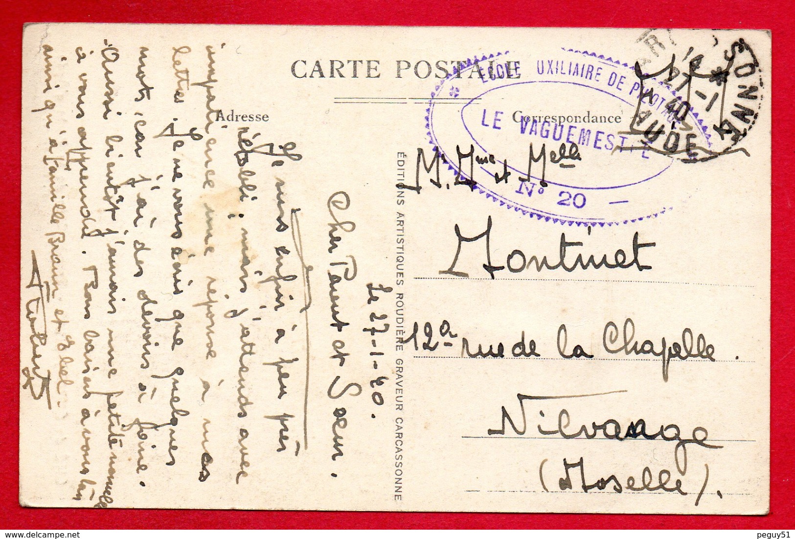 Franchise Militaire. Cachet De L'Ecole Auxiliaire De Pilotage N. 20 - Carcassonne Sur CP Carcassonne Janvier 1940 - Guerre De 1939-45