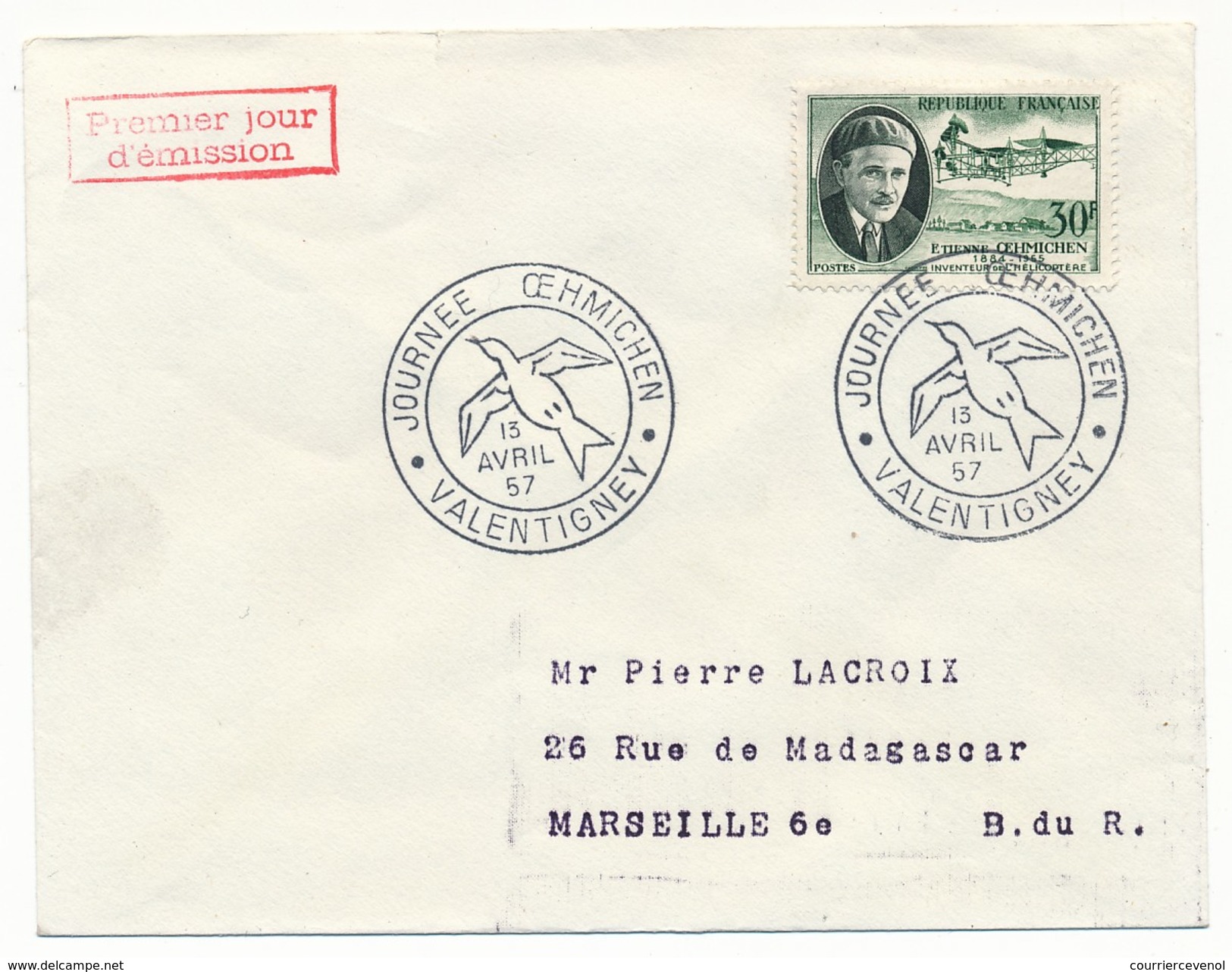 FRANCE => Env Scotem - 30F Etienne OEHMICHEN - 1er Jour Cachet Secondaire Valentigney 13 Avril 1957 - 1950-1959