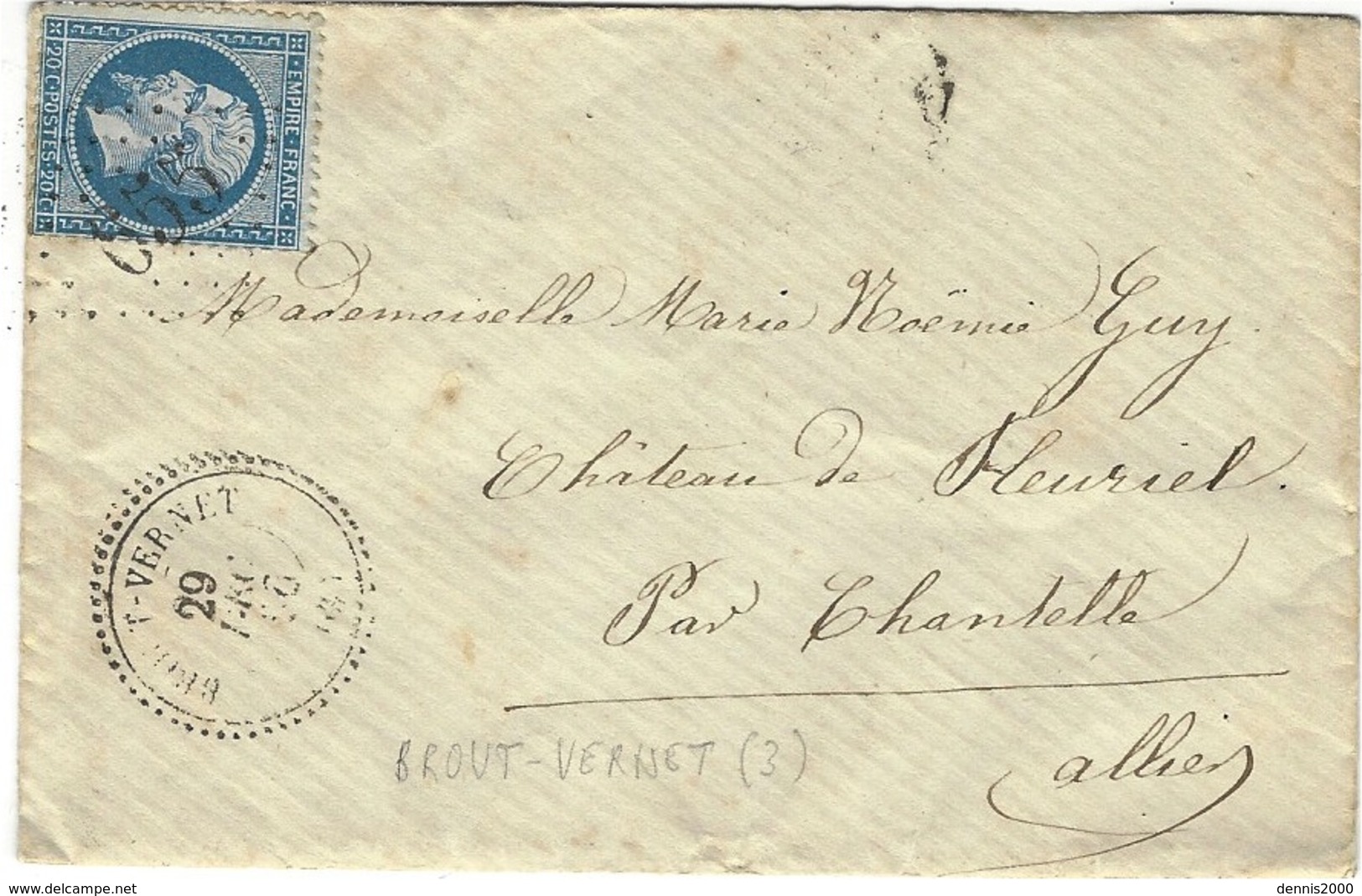 1866 -enveloppe De BROU-VERNET ( Allier ) Cad T22  Affr. N°22 Oblit. G C 655 - 1849-1876: Classic Period