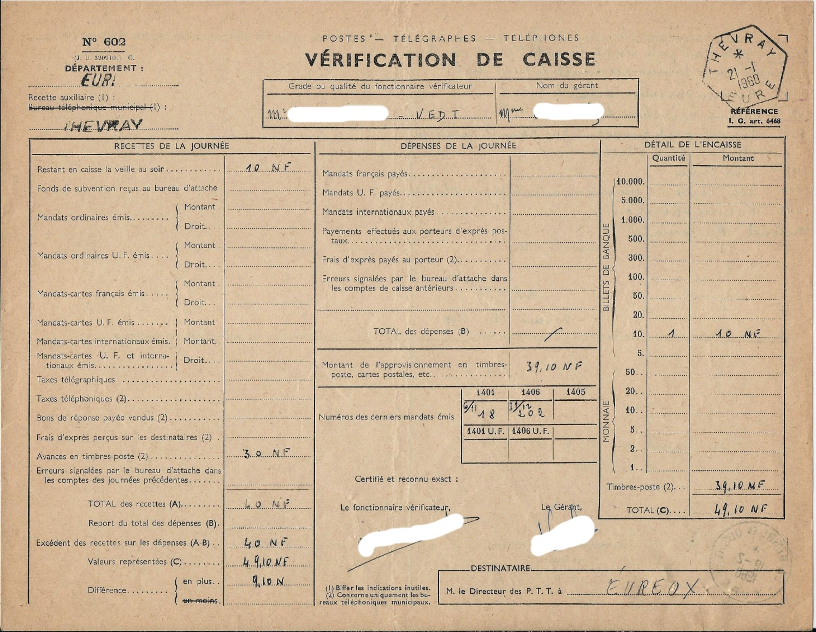 AGR - 27 THEVRAY - Document "N° 602 - VERIFICATION DE CAISSE" Daté Du 21-01-1960. - Documents De La Poste