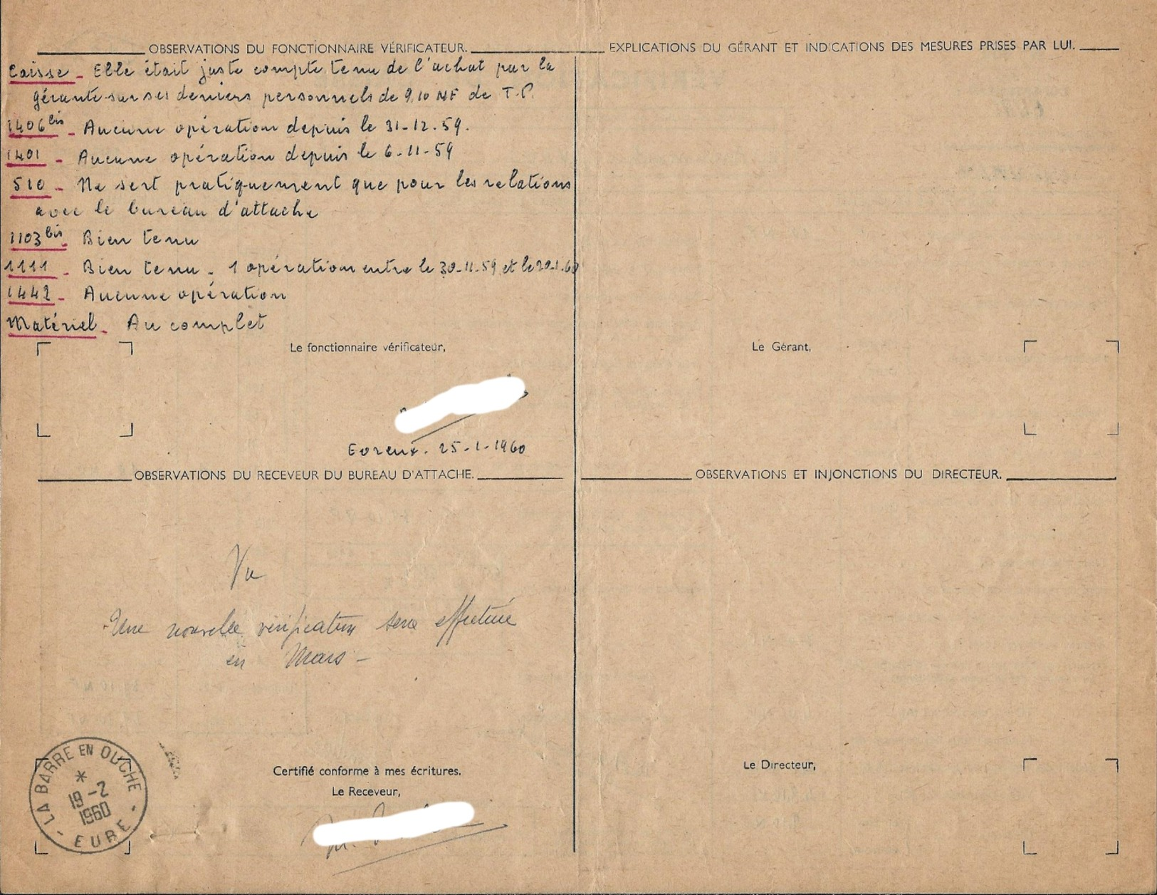 AGR - 27 THEVRAY - Document "N° 602 - VERIFICATION DE CAISSE" Daté Du 21-01-1960. - Documents De La Poste
