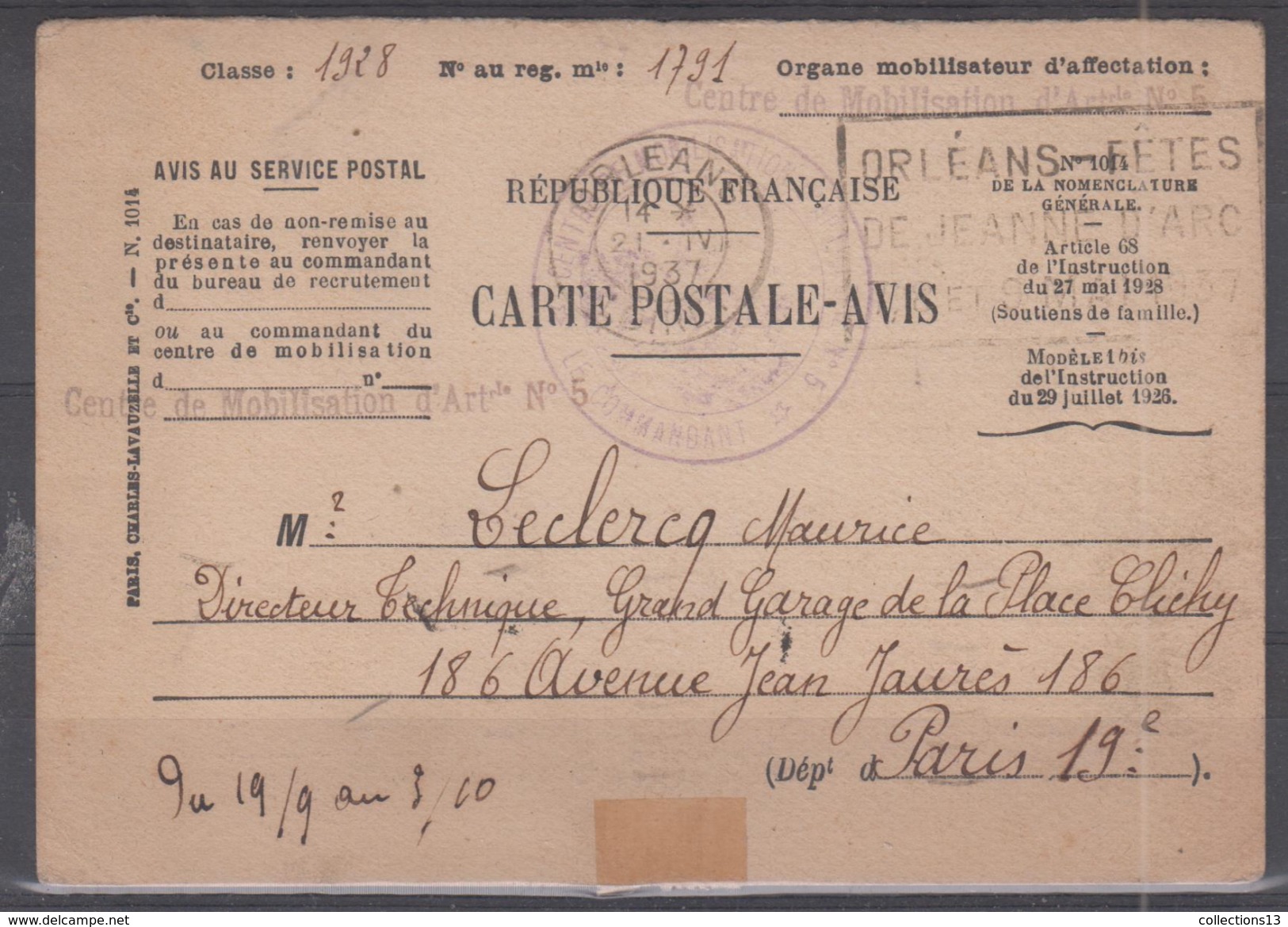 FRANCE - 1 CP "organe Mobilisateur D'affection""classe 1928""cachet Orleans 21/4/1937"(reserviste) - Marques D'armée (avant 1900)