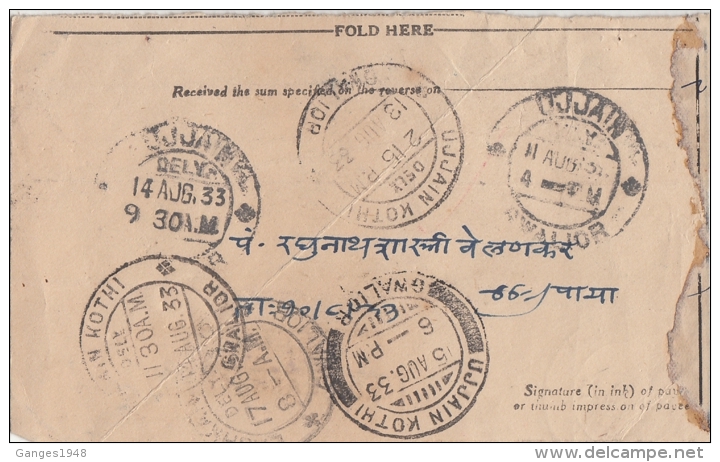 Gwalior  1933  M.O. LASHKAR / GWALIOR  Money Order Receiving Acknowledgement  # 93645  Inde Indien - Gwalior