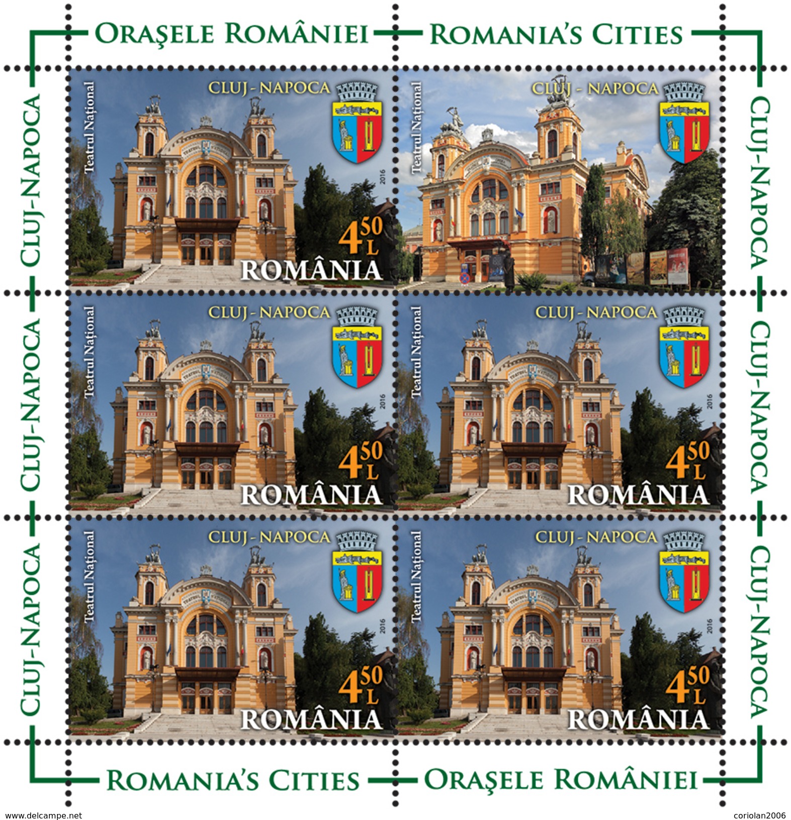 ROMANIA, 2016,CITIES, CLUJ-NAPOCA, Tourism, Theatre, University, Tower, Set Of 4 MS With Labels - Unused Stamps