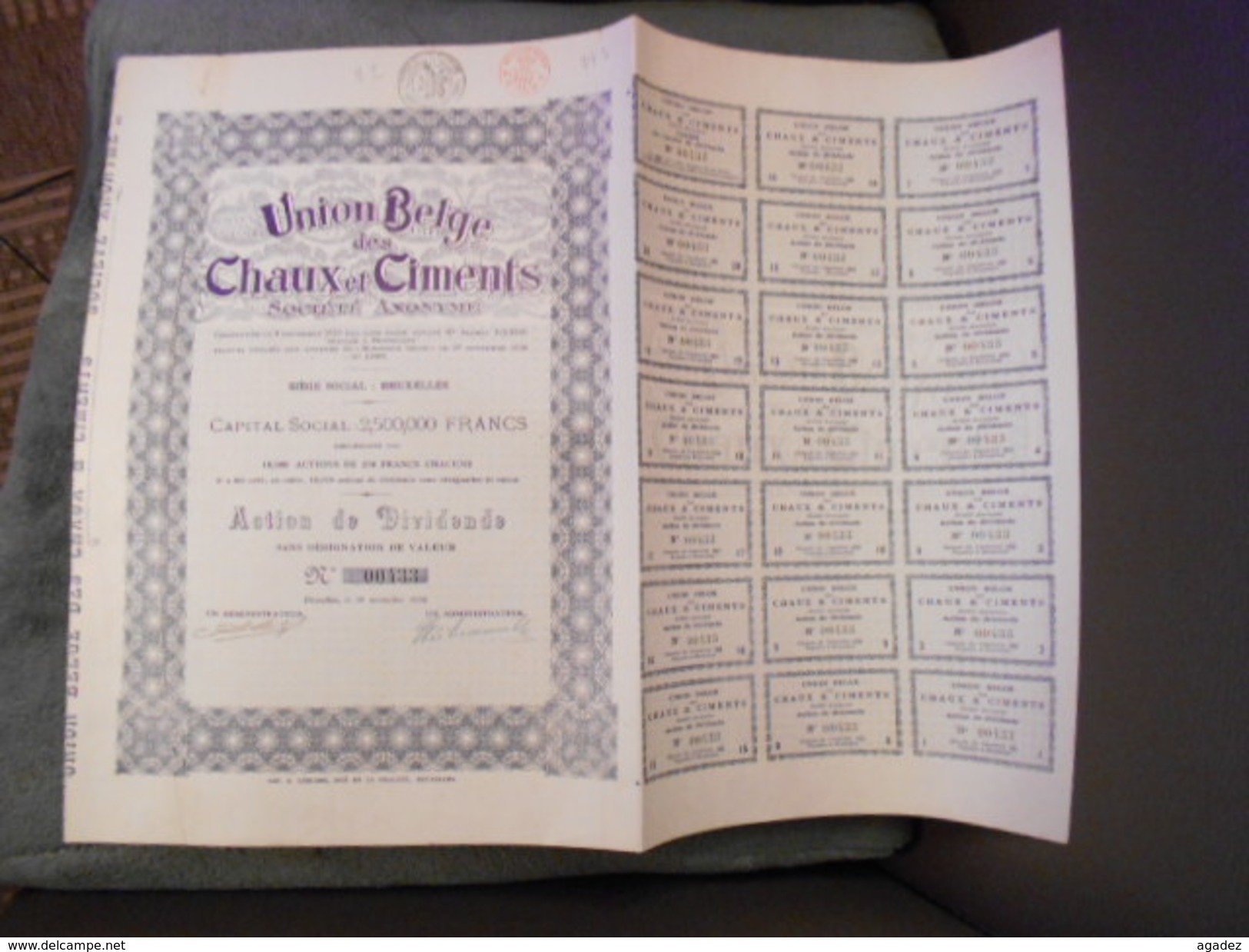 Action De Dividende"Union Belge Des Chaux Et Ciments"Bruxelles 1920 ,avec Tous Les Coupons N°00433. - Industrie