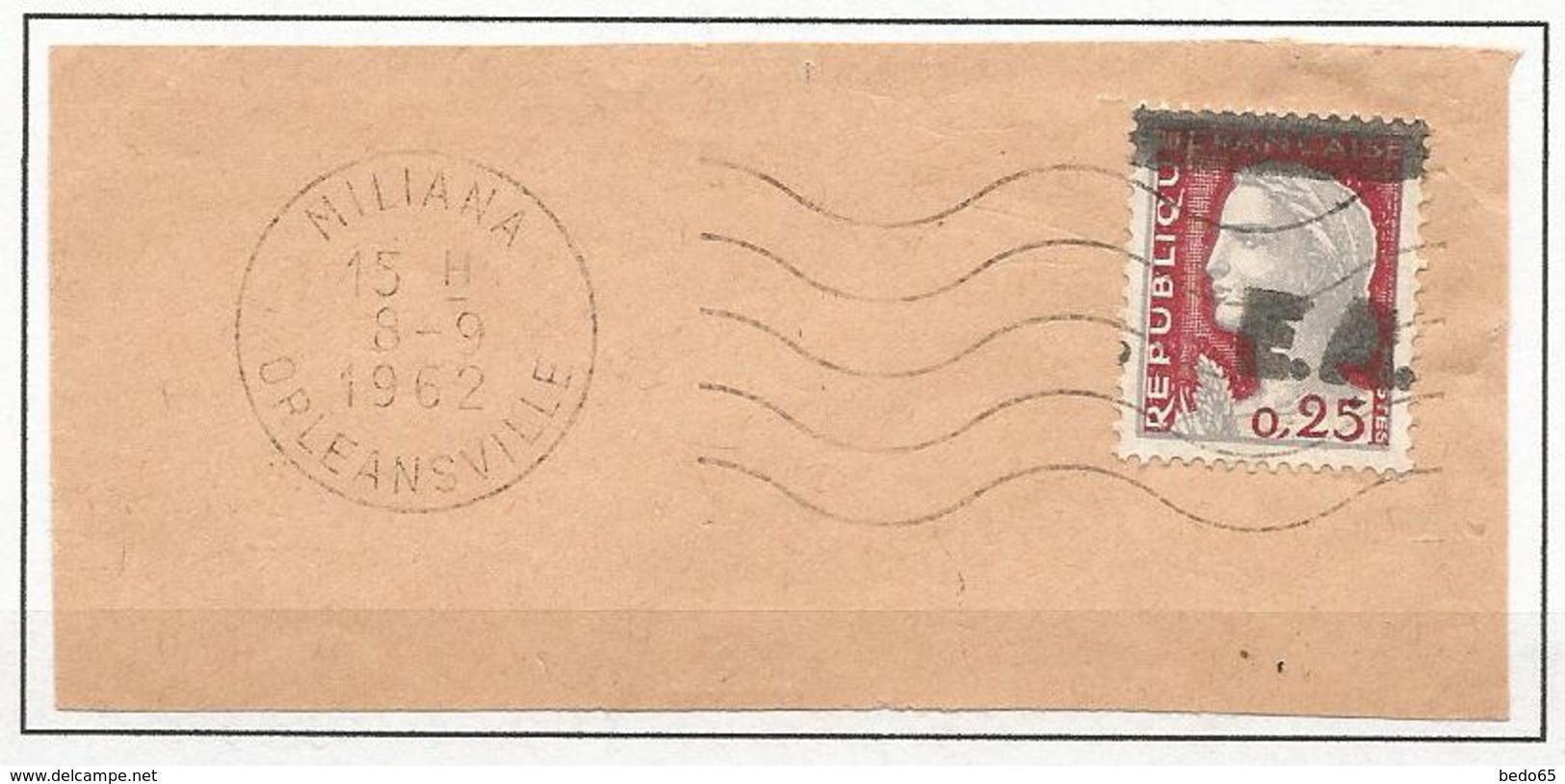 ALGERIE  N° 355 SURCHARGE ORLEANSVILLE CACHET MILIANA SUR FRAGMENT - Autres & Non Classés