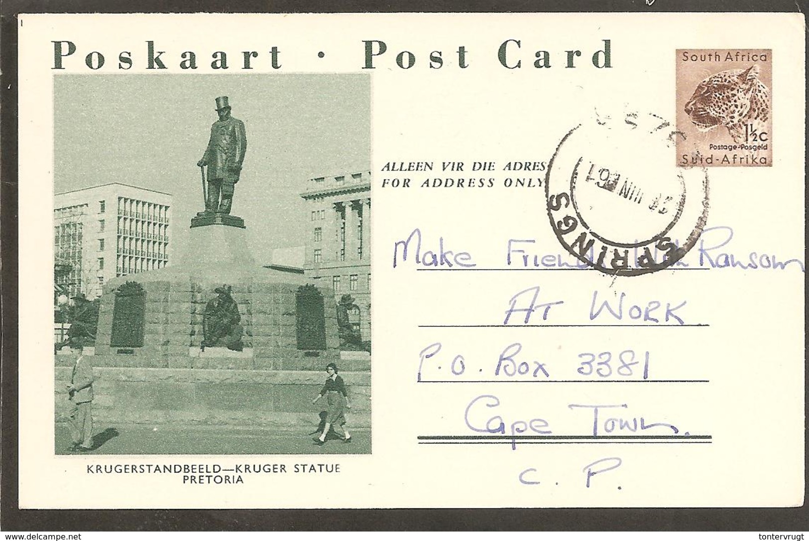 South Africa. Illustrated Postcard. Kruger Statue Pretoria 1961 - Covers & Documents