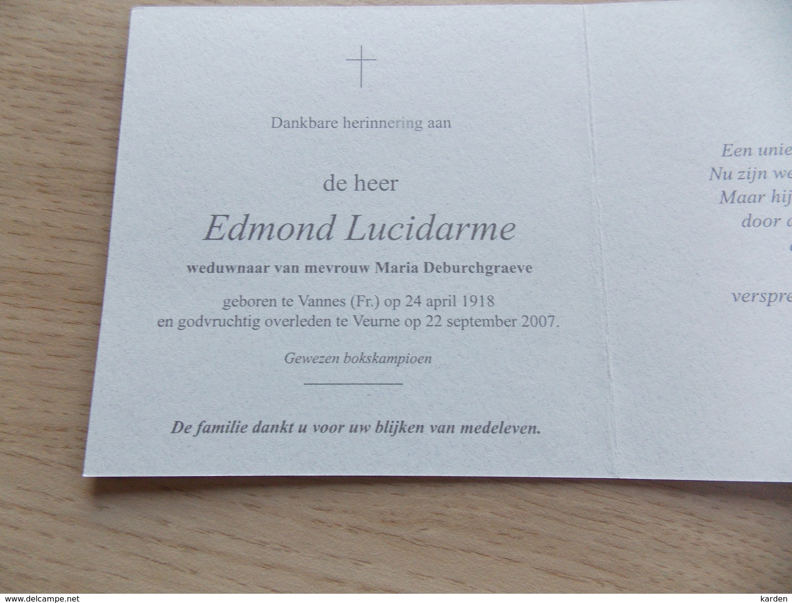 Doodsprentje Edmond Lucidarme Vannes (FR) 24/4/1918 Veurne 22/9/2007 ( Maria Deburchgraeve ) - Religione & Esoterismo