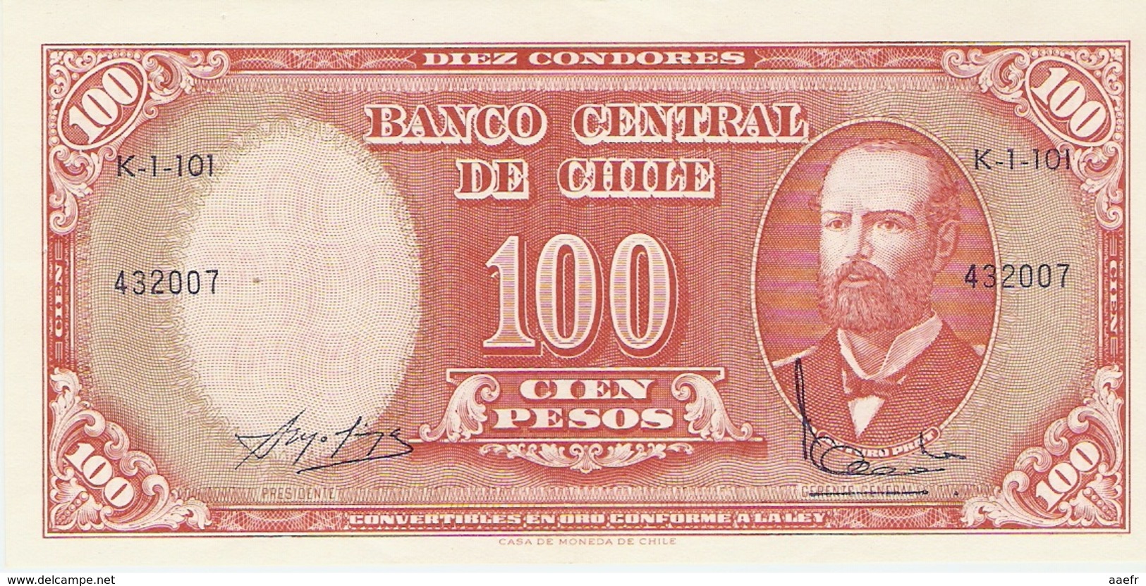 Billet - CHILI - 100 Pesos - UNC, Neuf - Série K1-101 - Arturo Prat - Chile - Cile