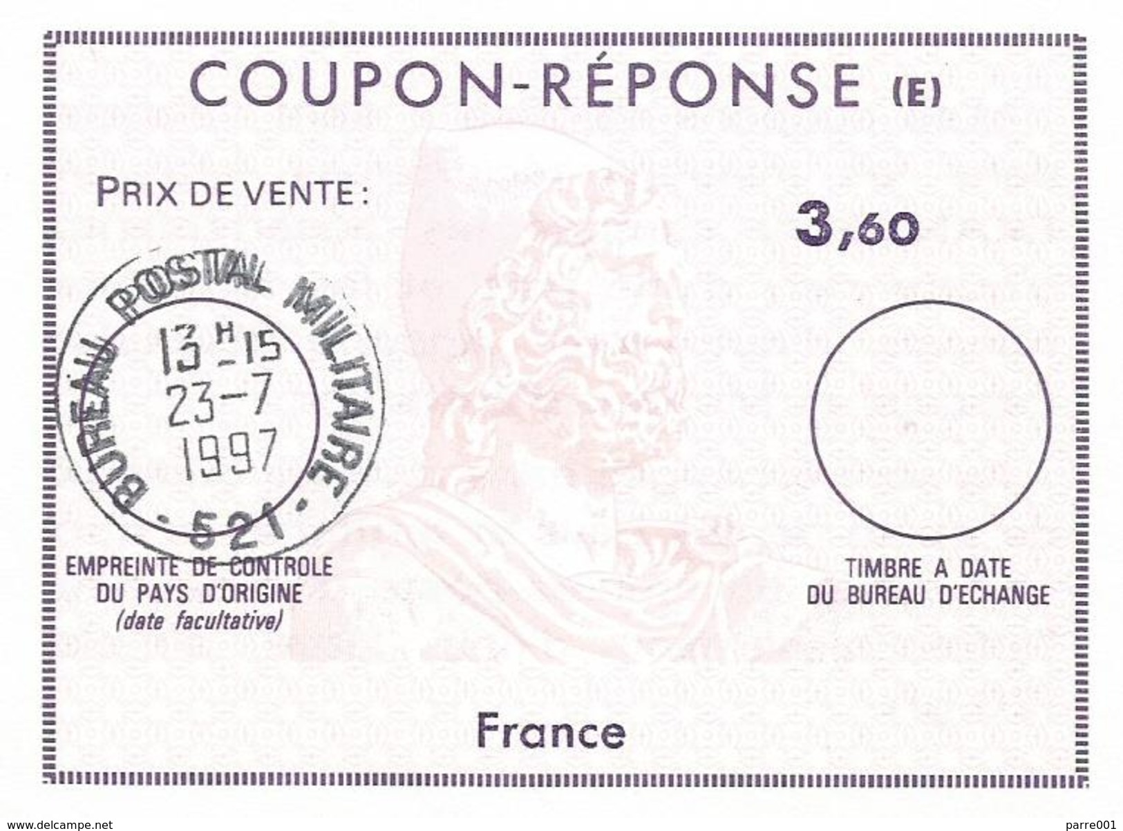 France 1997 Reply Coupon Reponse (E) Type XII IRC IAS 3,60 Bureau Postal Militaire 521 Stetten (Allemagne) - Documents De La Poste