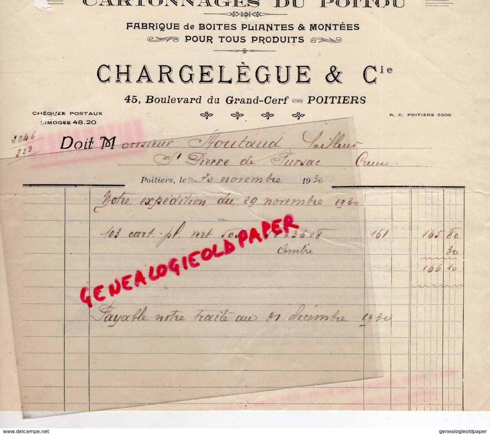 86 - POITIERS - FACTURE CARTONNAGES DU POITOU - MANUFACTURE BOITES PLIANTES-CARTONNERIE-CHARGELEGUE -45 BD GD CERF-1930 - Imprenta & Papelería