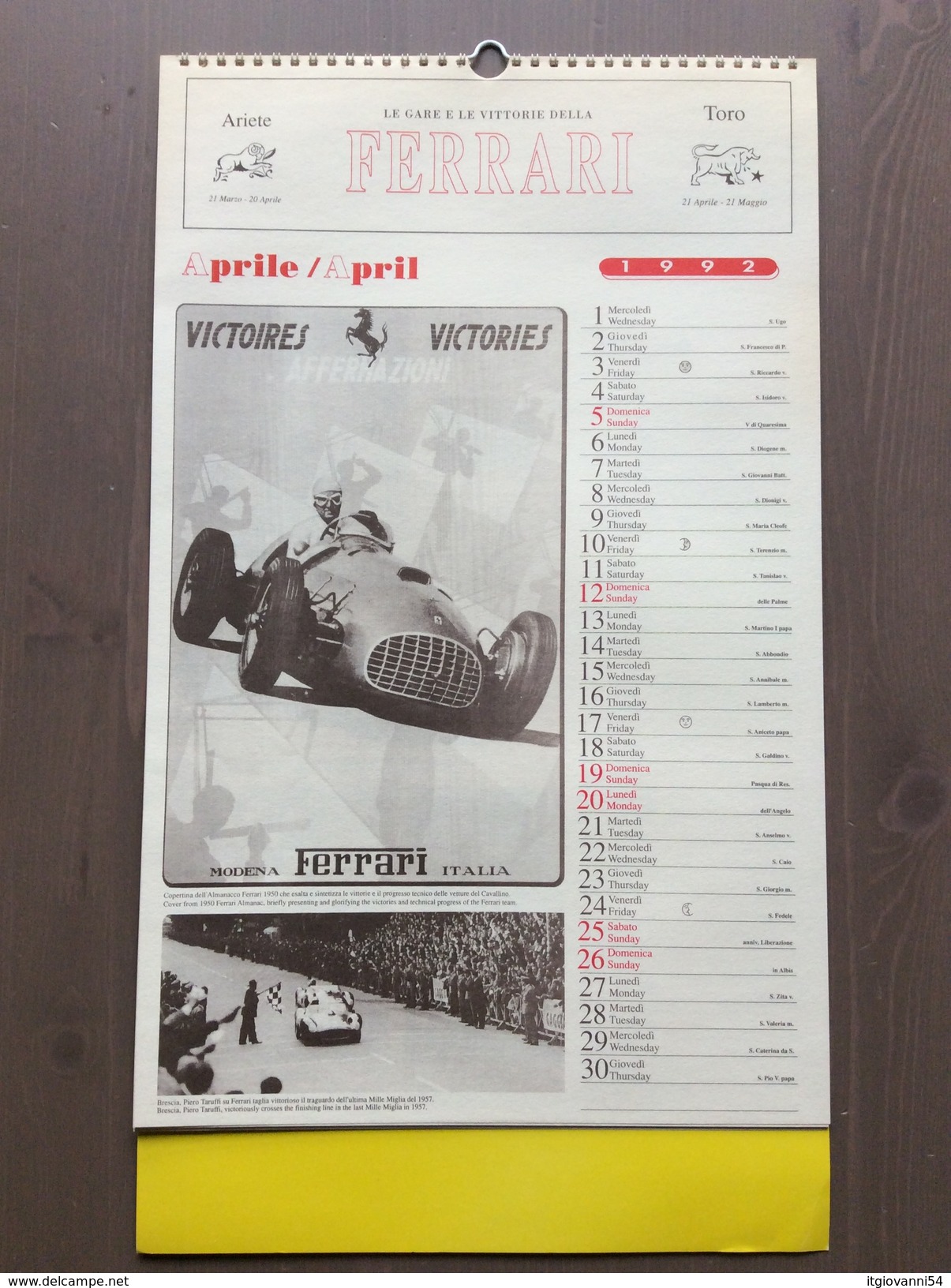 Calendario da collezione Ferrari 1992 con custodia esterna