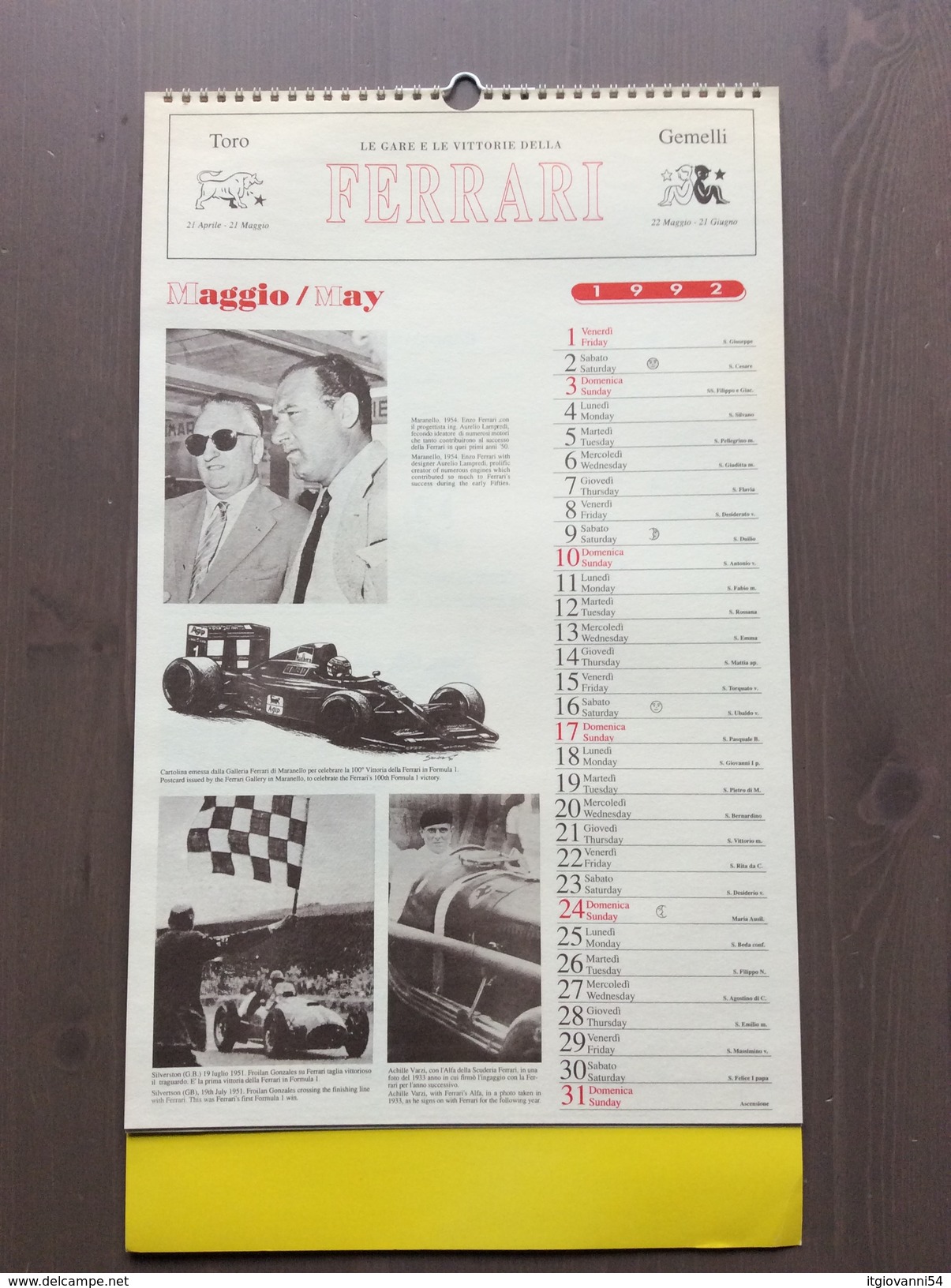 Calendario da collezione Ferrari 1992 con custodia esterna