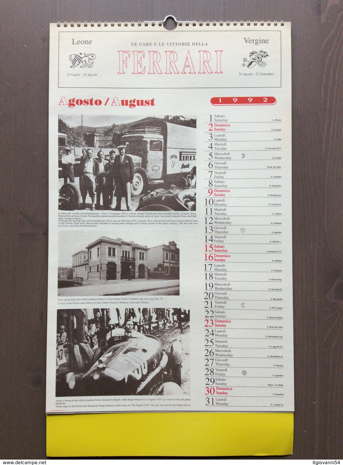 Calendario da collezione Ferrari 1992 con custodia esterna