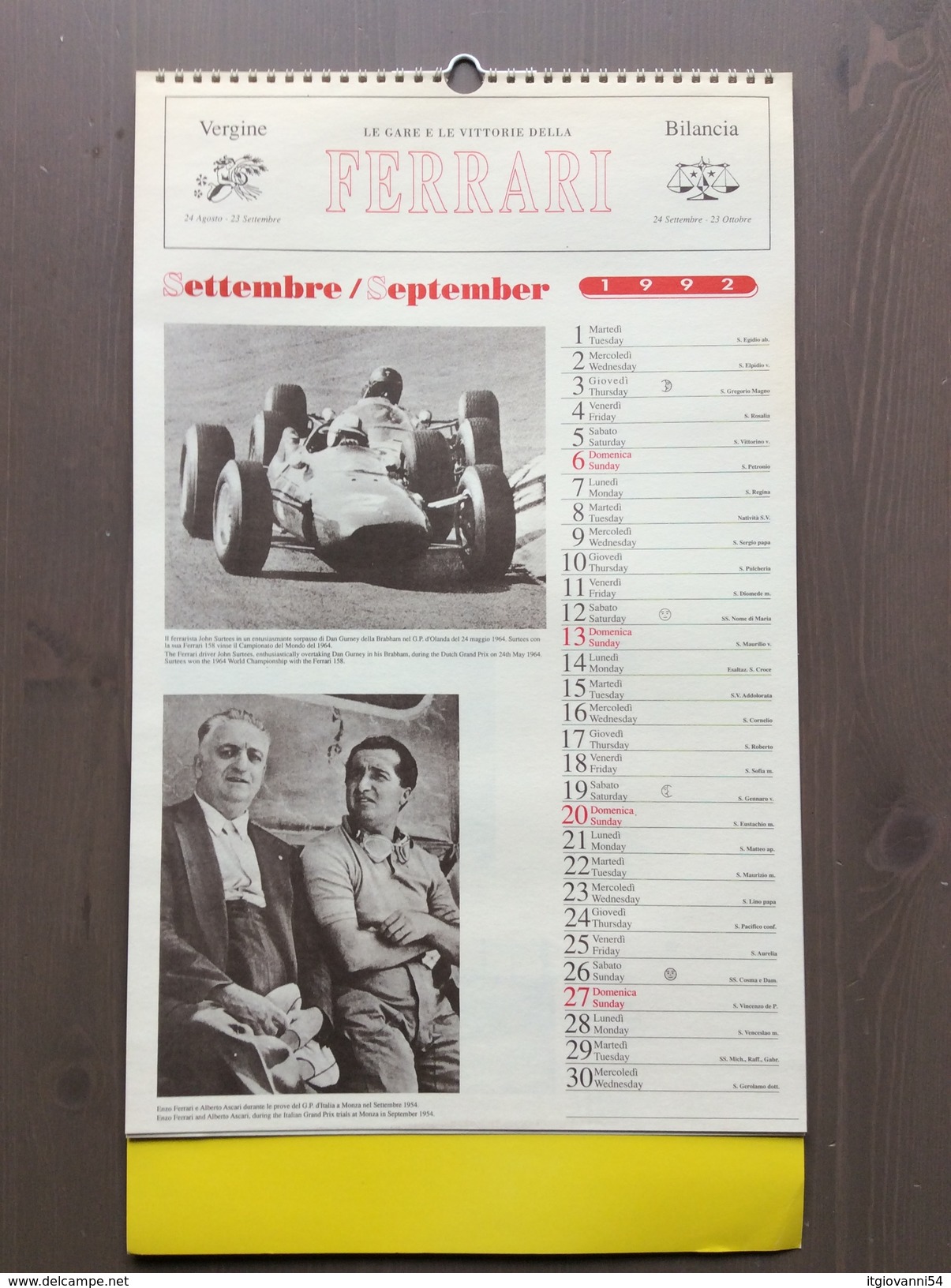 Calendario da collezione Ferrari 1992 con custodia esterna