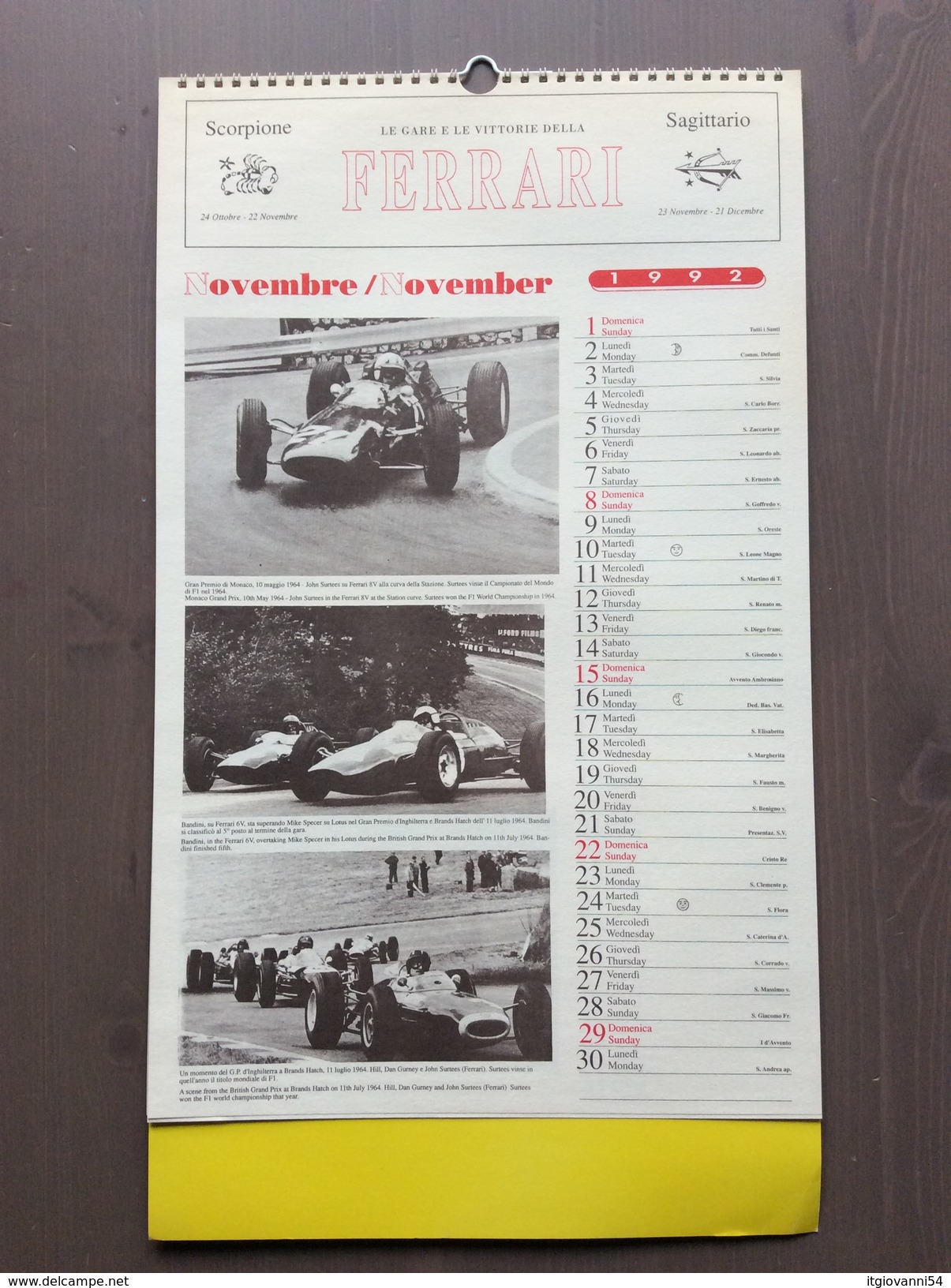 Calendario da collezione Ferrari 1992 con custodia esterna