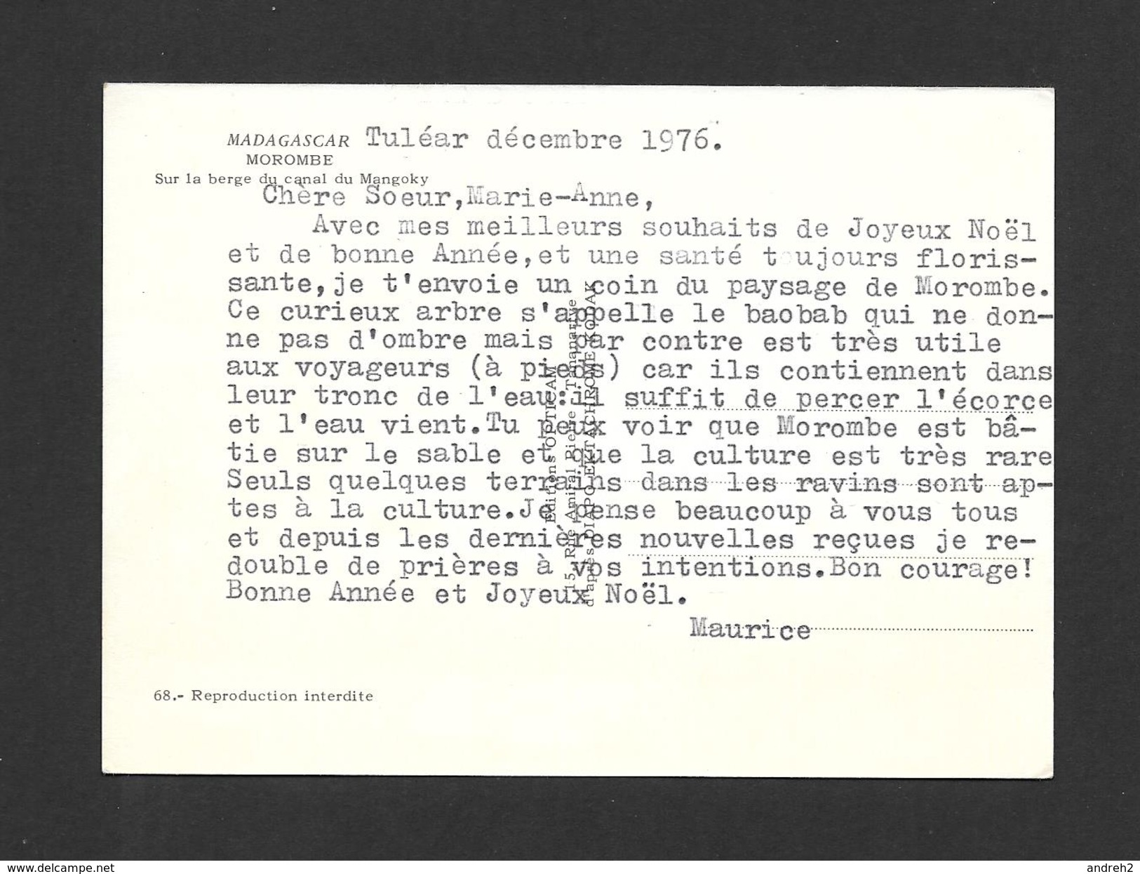 MADAGARCAR - MOROMBE - AFRIQUE - SUR LA BERGE DU CANAL DU MANGOKY - CARTE ÉCRITE DE TULÉAR - Madagascar