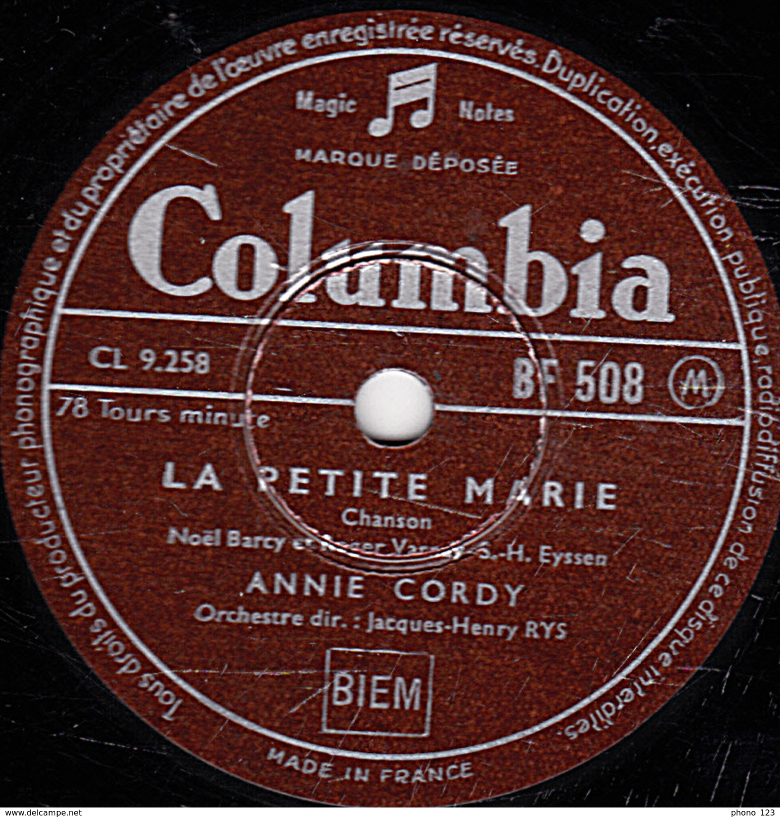 78 T. - 25 Cm - état B - ANNIE CORDY - LA PETITE MARIE - A COMPOSTELLE - 78 T - Disques Pour Gramophone