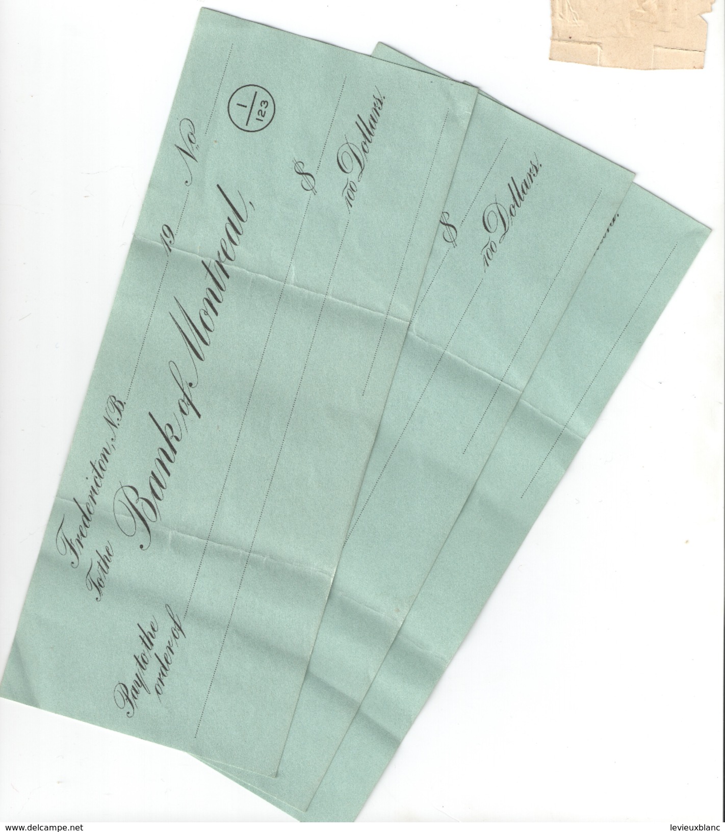 3 Chéques Bancaires/Bank Of Montreal/Fredericton/NB/100 Dollars/Sans Bénéficiaire/Vers 1950 ?      BA45 - Cheques & Traverler's Cheques