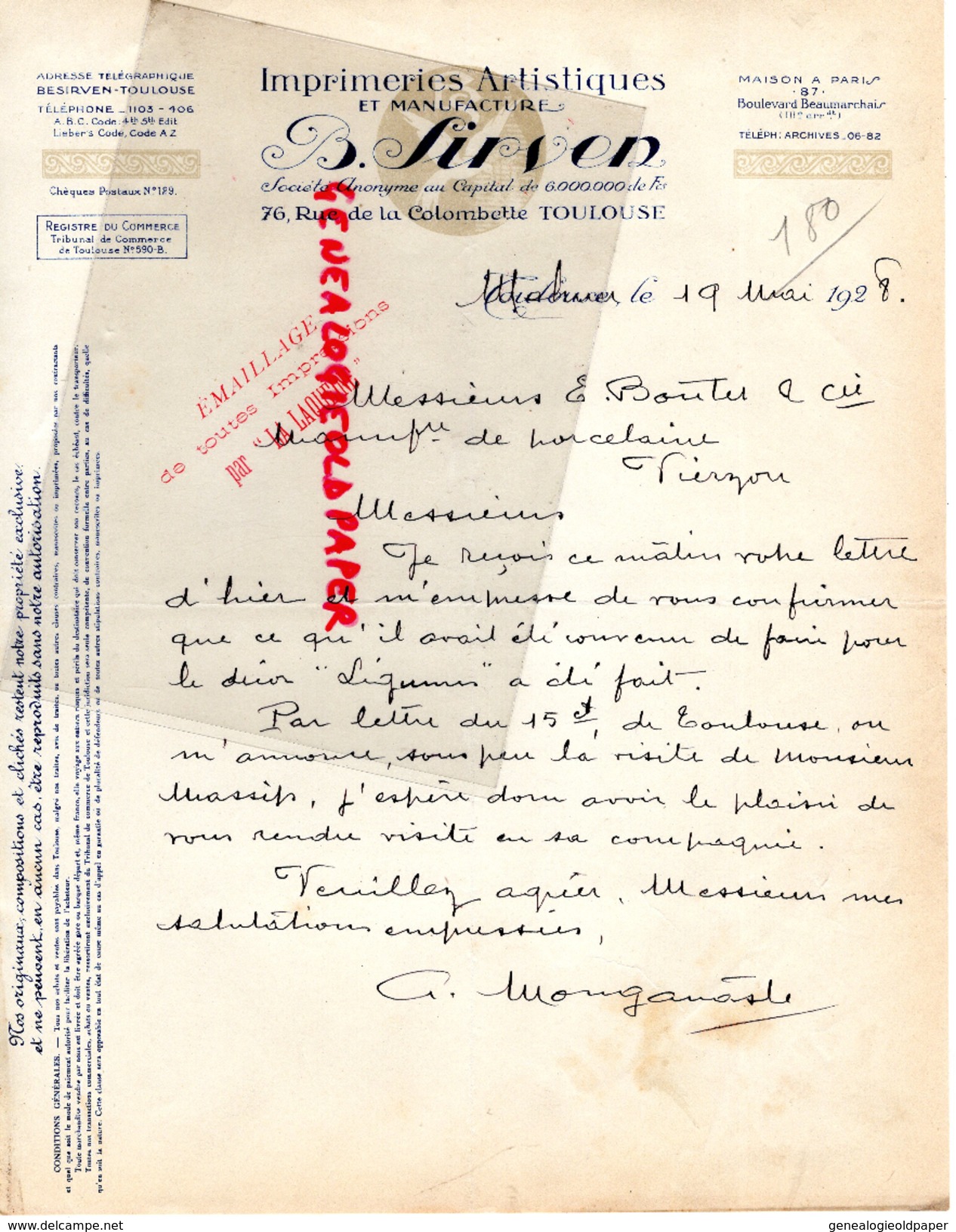 31 - TOULOUSE - B. SIRVEN- IMPRIMERIE ARTISTIQUE MANUFACTURE-76 RUE DE LA COLOMBETTE - 1928 - Imprimerie & Papeterie