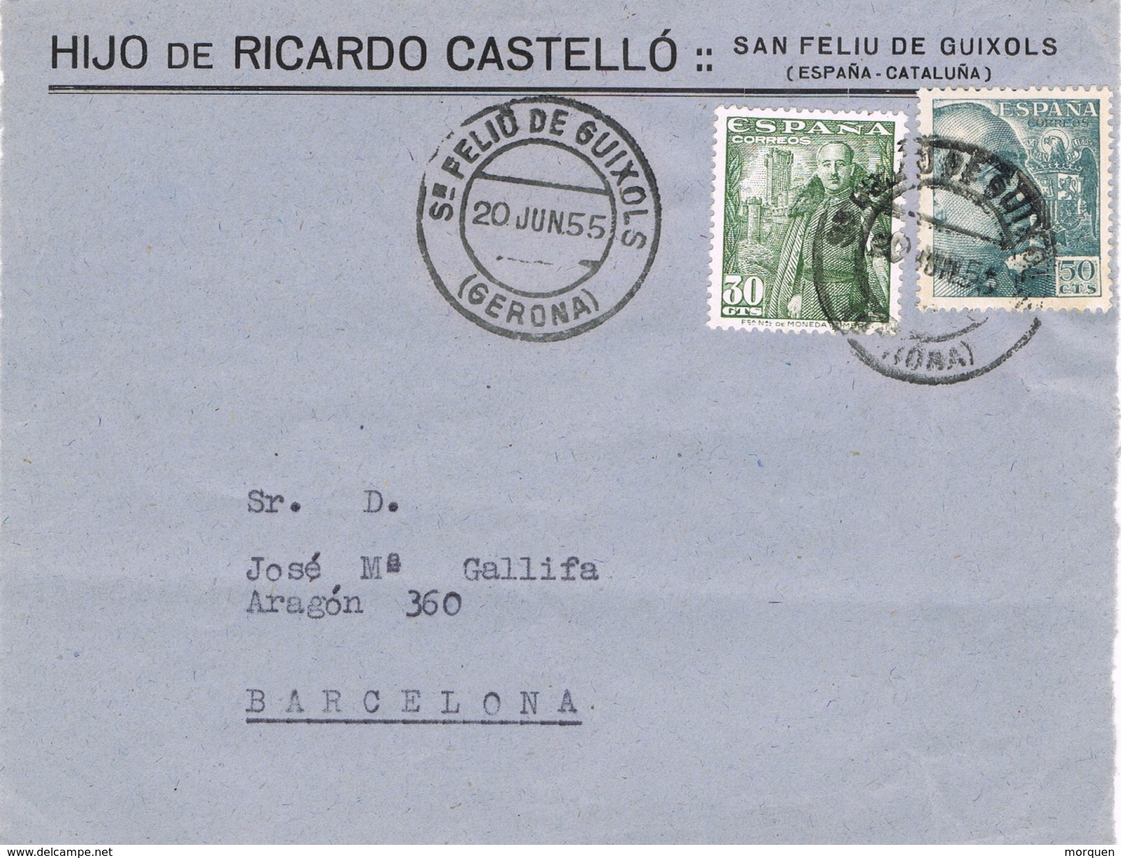 21032. Frontal Comercial SAN FELIU De GUIXOLS (Gerona) 1955. Ricardo Castello - Lettres & Documents