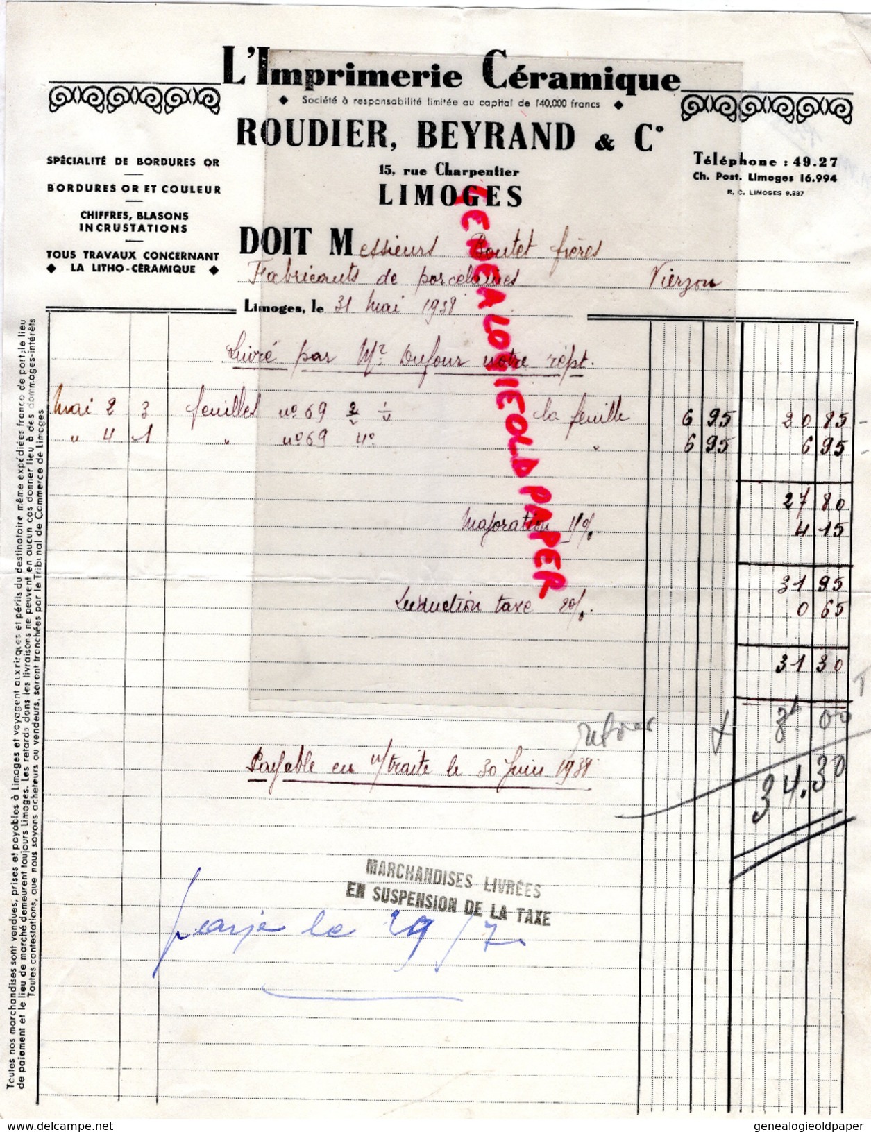 87 - LIMOGES - FACTURE L' IMPRIMERIE CERAMIQUE- ROUDIER BEYRAND -15 RUE CHARPENTIER - 1938 - Druck & Papierwaren