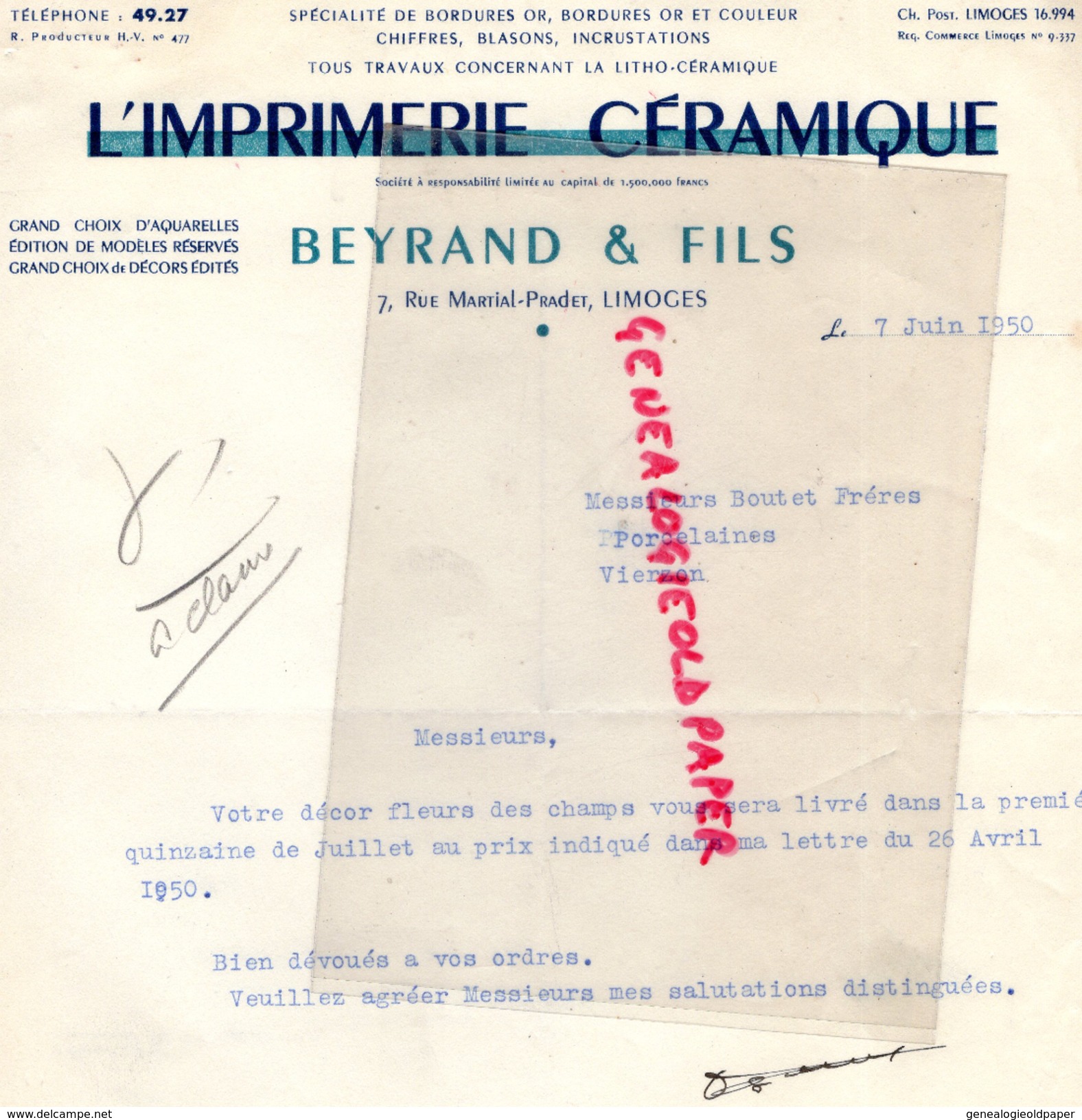 87 - LIMOGES - FACTURE L' IMPRIMERIE CERAMIQUE- BEYRAND ET FILS- 7 RUE MARTIAL PRADET -1950 - Imprimerie & Papeterie