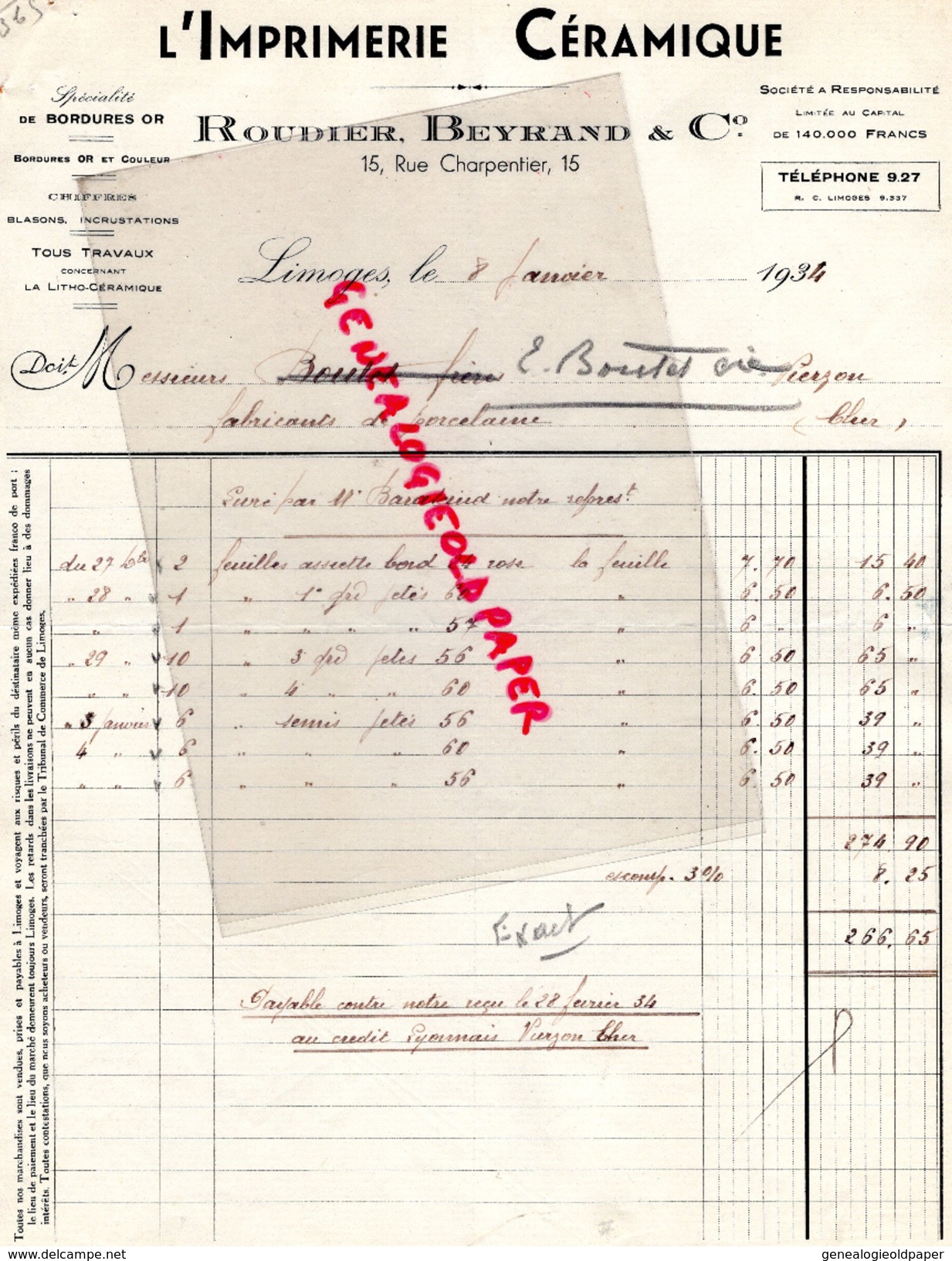 87 - LIMOGES - FACTURE L' IMPRIMERIE CERAMIQUE- ROUDIER BEYRAND- 15 RUE CHARPENTIER-1934 - Druck & Papierwaren