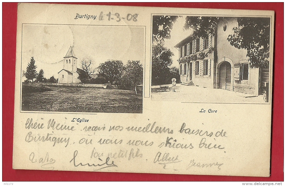 PRL-09  Burtigny  L'Eglise Et La Cure, Animation. Cachet 1908 - Burtigny