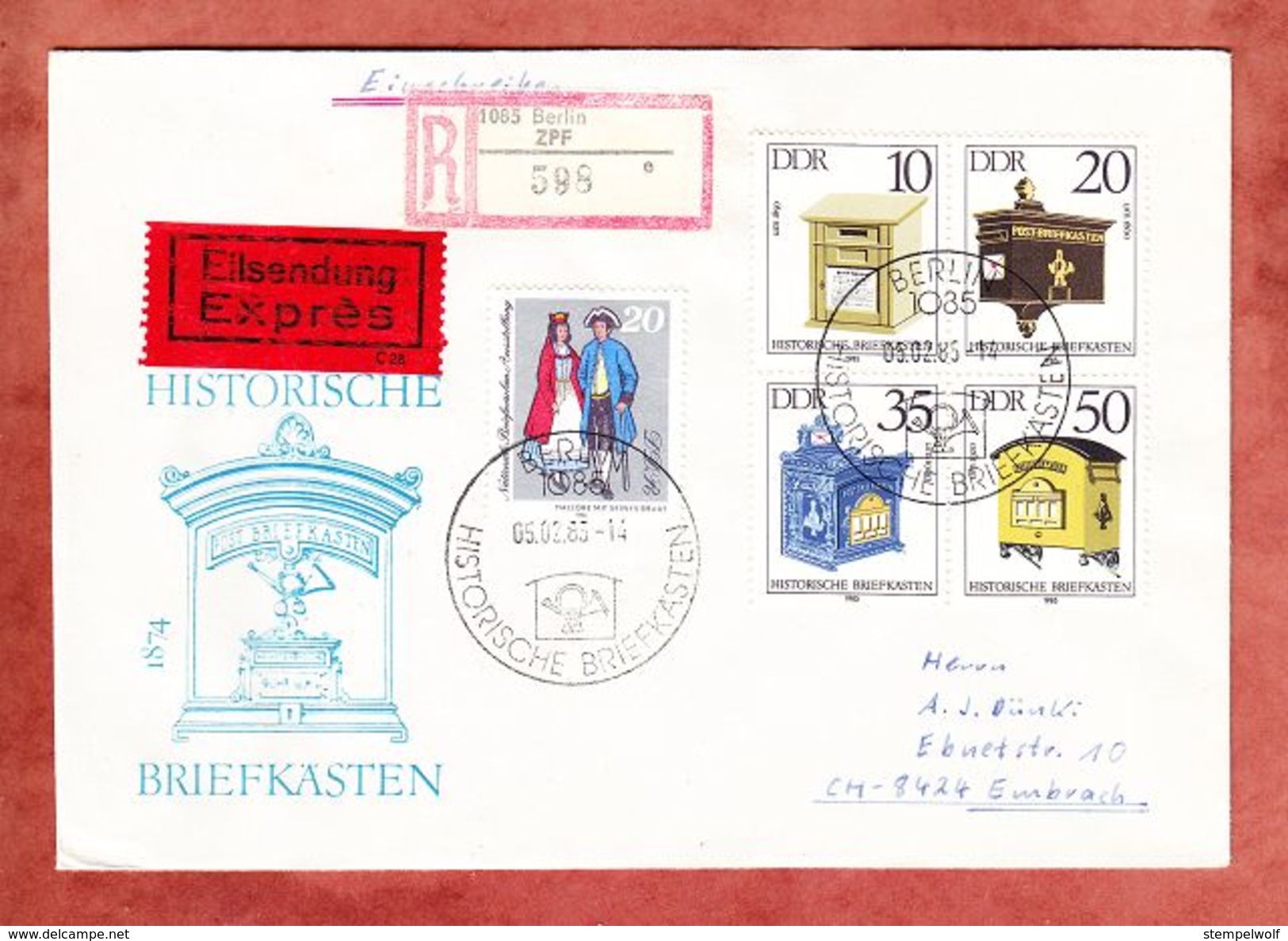 FDC + ZF, Einschreiben Reco, Eilsendung Expres, Briefkaesten, Berlin Nach Embrach Schweiz 1985 (34577) - Sonstige & Ohne Zuordnung