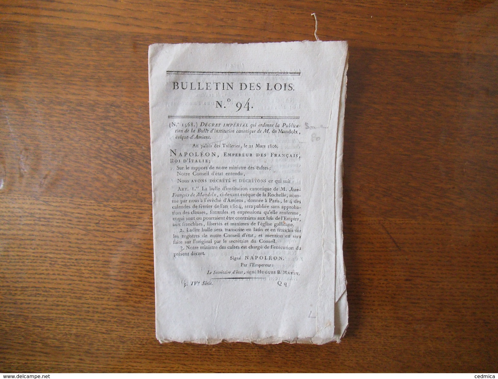 BULLETIN DES LOIS N° 94 DECRET IMPERIAL PUBLICATION DE LA BULLE D'INSTITUTION CANONIQUE DE M. DE MANDOLX EVÊQUE D'AMIENS - Décrets & Lois