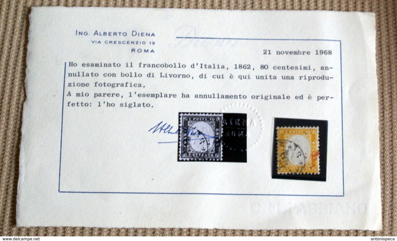 ITALIA 1862 ,80 CENT ANNULLO LIVORNO, CERTIFICATO DIENA - Usati