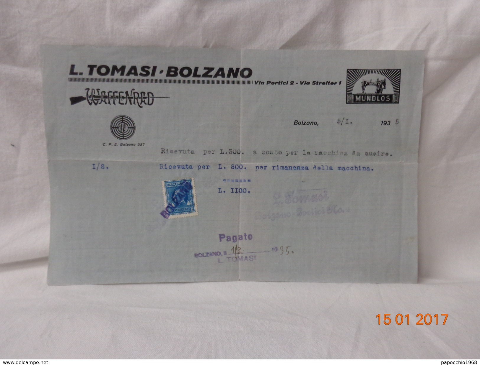 L. TOMASI BOLZANO FATTURA EPOCA 1935 VENDITA MACCHINA DA CUCIRE MUNDLOS - Italia