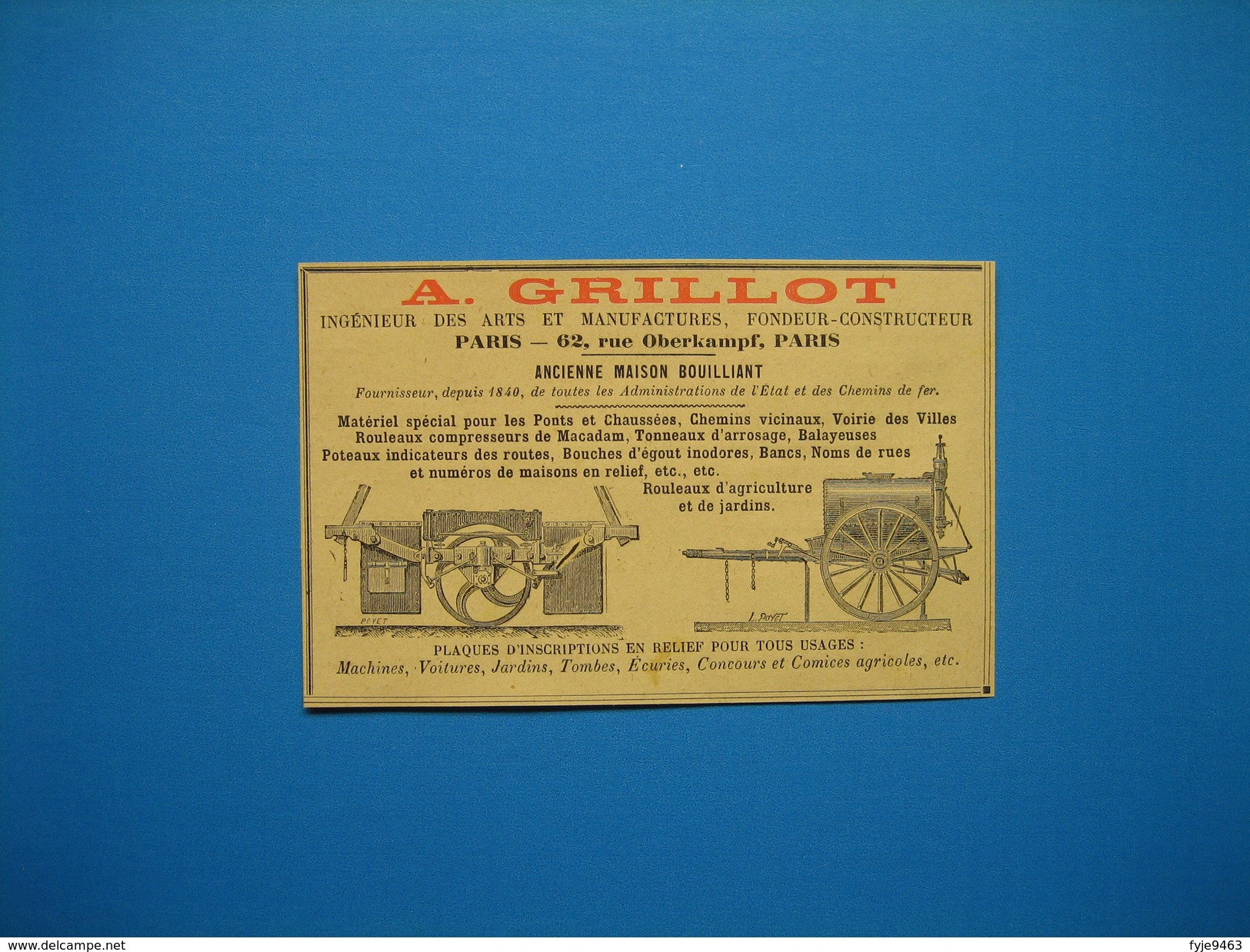 (1899) Matériel Pour Ponts Et Chaussées, Rouleaux Compresseurs, Balayeuses... A. GRILLOT Rue Oberkampf à Paris - Non Classés