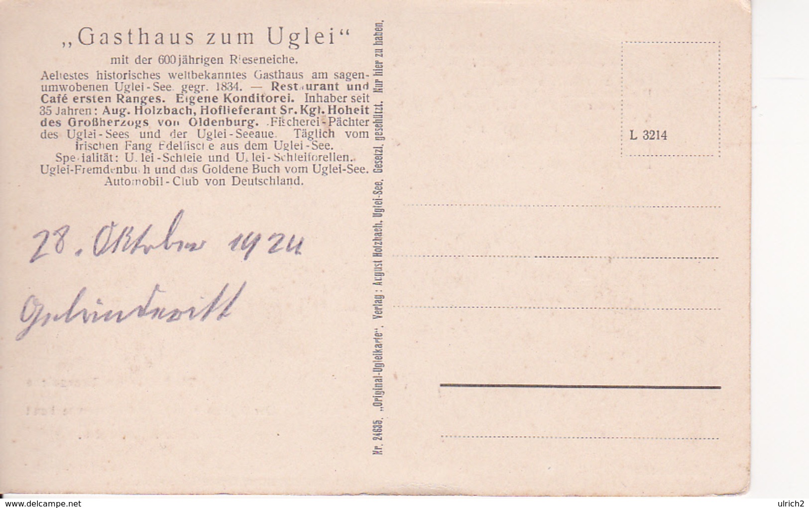 AK Ukleisee - Gasthaus Zum Uglei - Rieseneiche - 1924 (26784) - Eutin