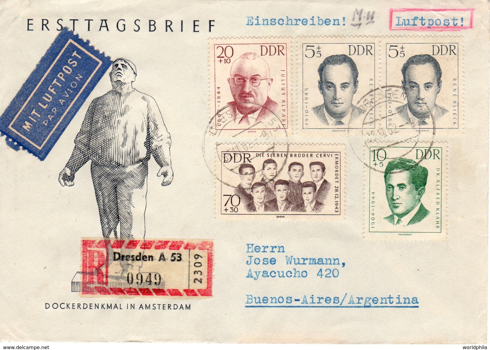 DDR-Argentina 1962 "Against Fascism", A Full Set On A Registered Cover Michel 918-22 - Lettres & Documents