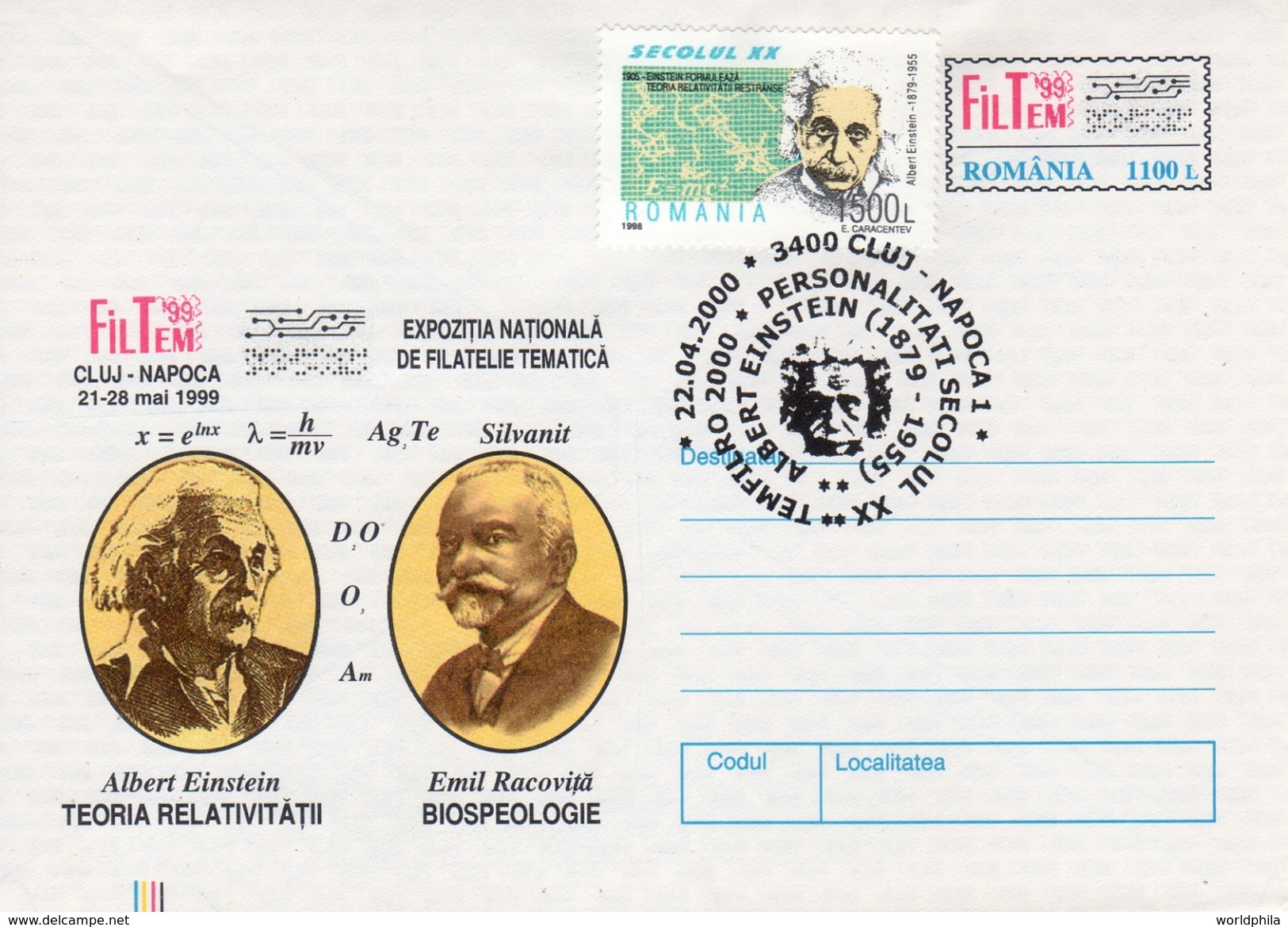 Romania 2000 "Albert Einstein & Emil Racovita" Philatelic Exhibition Uprated Postal Stationery Cover - Albert Einstein